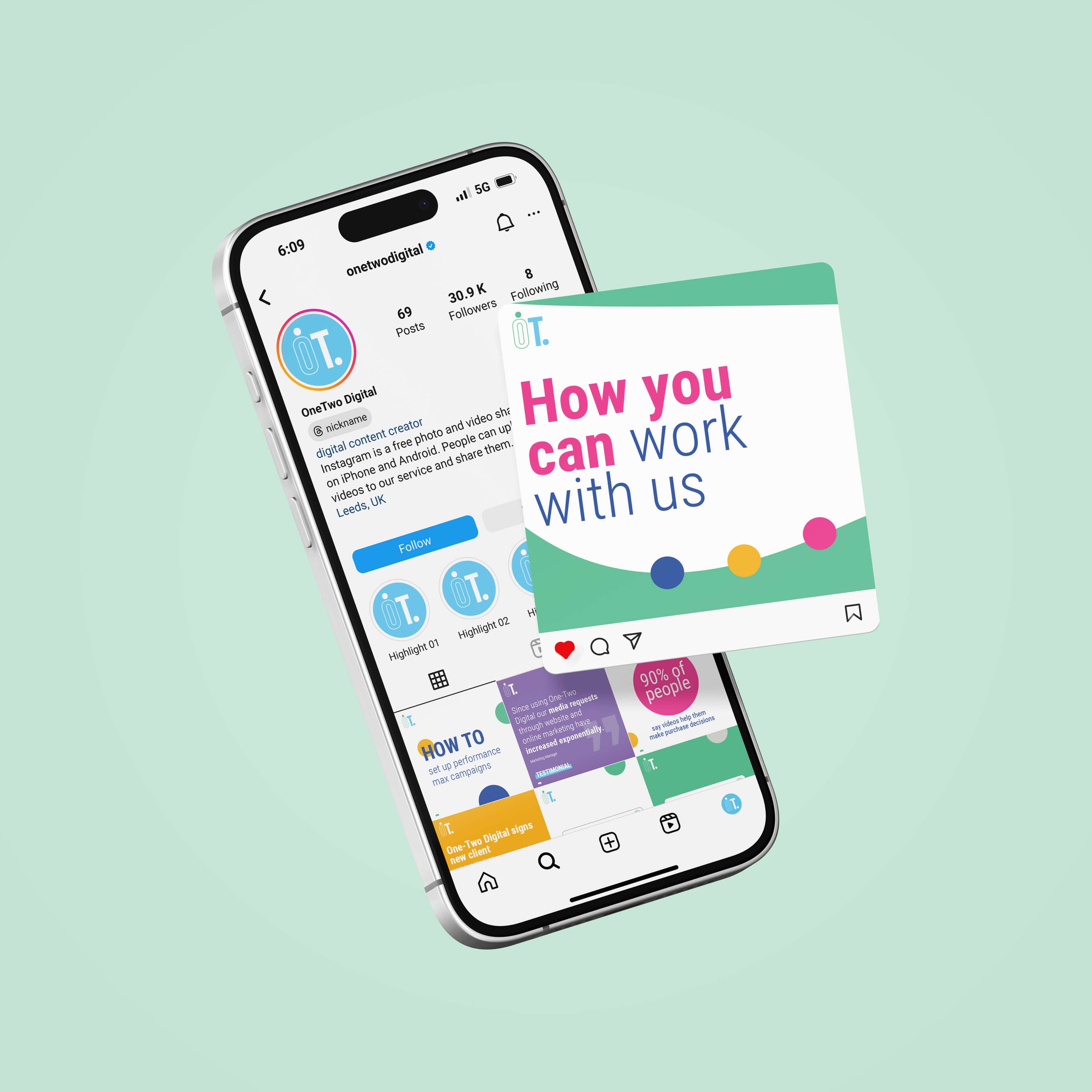 One-Two Digital brand identity applied to a phone mockup showing social media templates in use, designed by B81 Designs