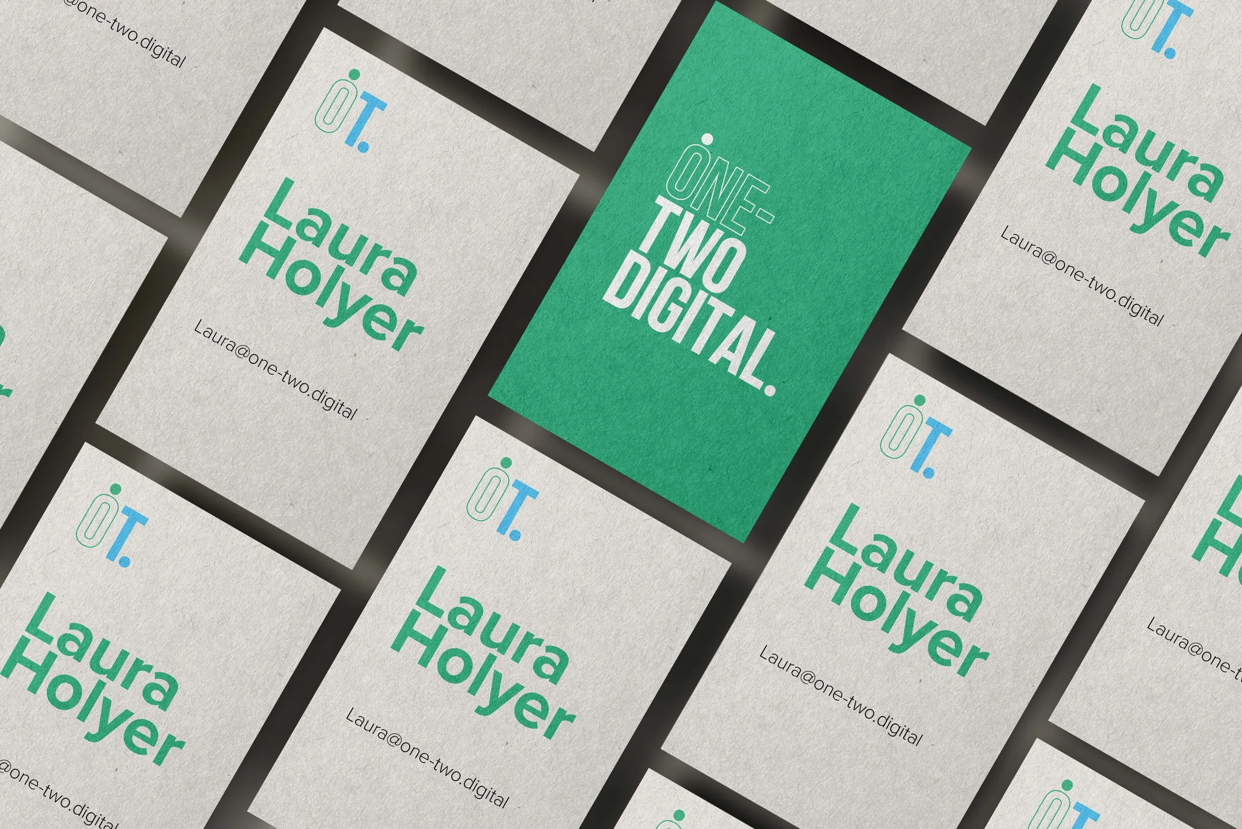 One-Two Digital branded business cards showing the logo and vibrant colour palette designed by B81 Designs