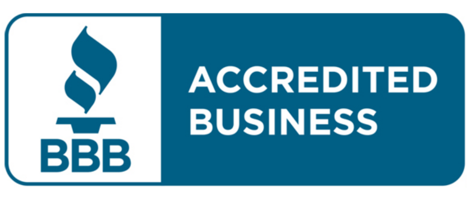 BBB Accredited Business logo with blue flame symbol and text 'BBB Accredited Business' on a rectangular background.