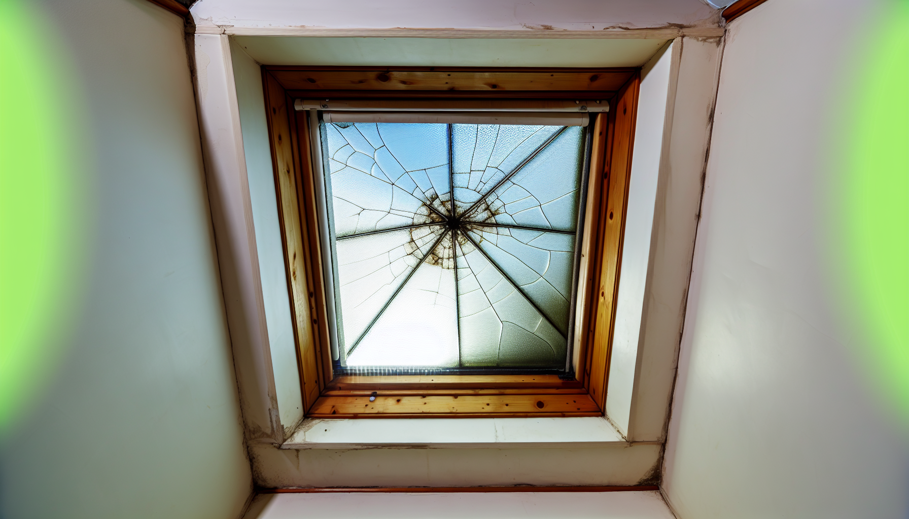 Skylight with visible cracks and water damage