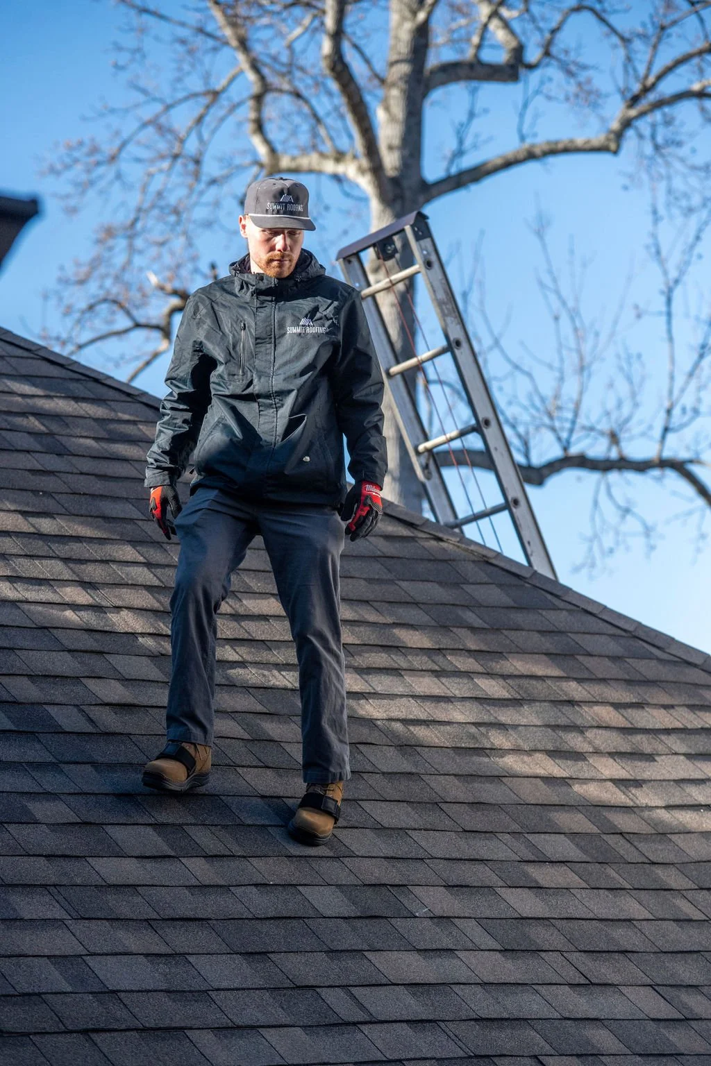 A man in work clothing standing on a roof, with a ladder and a large tree in the background, under a clear blue sky.