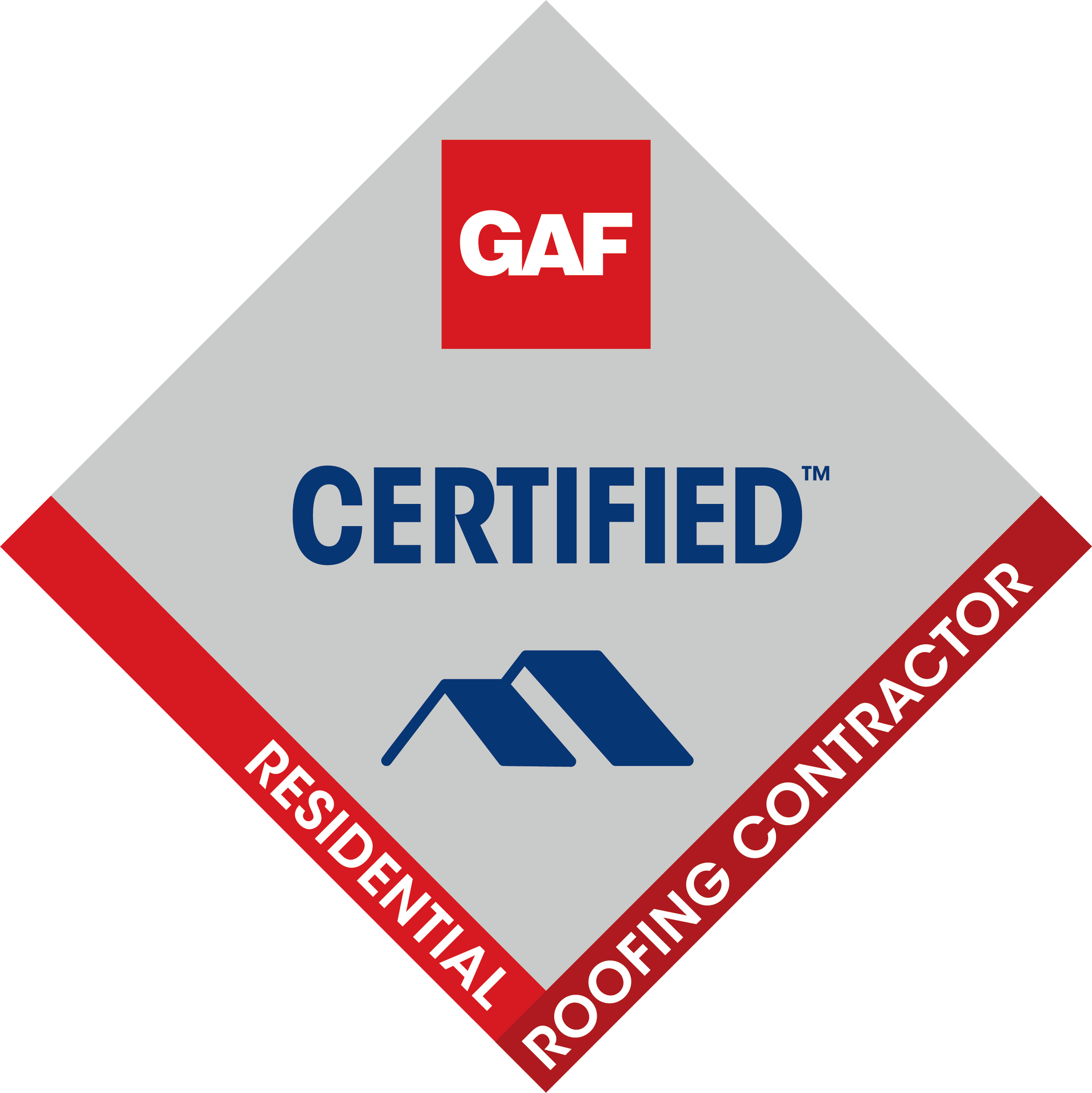 GAF Certified Residential Roofing Contractor badge with GAF logo, blue roof icon, and red borders.