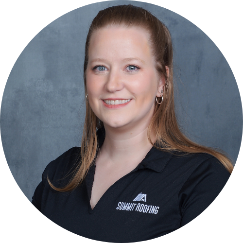 Portrait of a woman with light brown hair in a ponytail, wearing a black polo shirt with 'Summit Roofing' logo, smiling against a gray background.