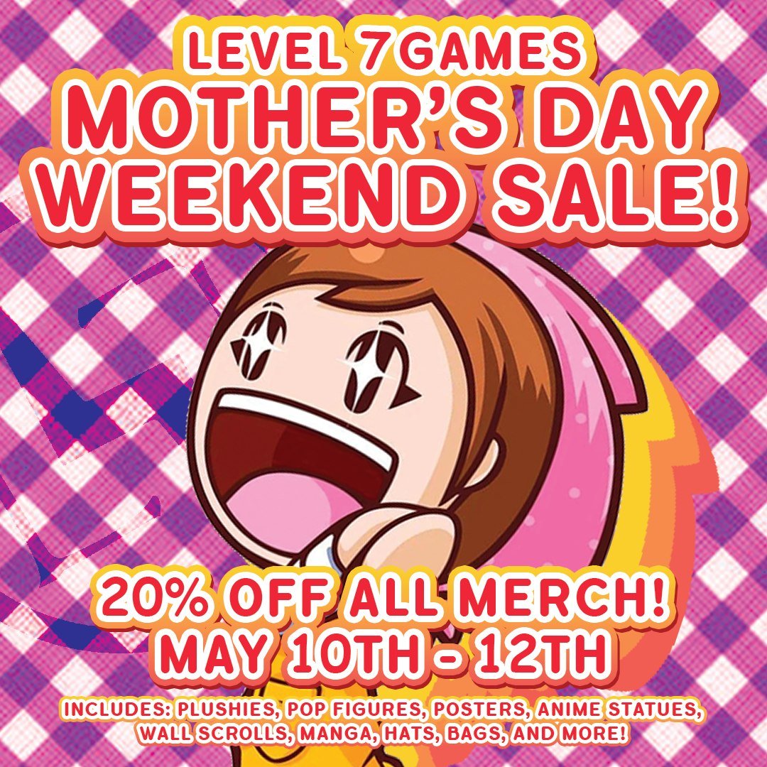 Come shop at Level 7 this weekend for the perfect Mother's Day gift! 👩&zwj;👧&zwj;👦 Starting Friday, May 10th - 12th all merch is 20% off which includes plushies, pop figures, posters, anime statues, wall scrolls, manga, hats, bags, and more! 

See