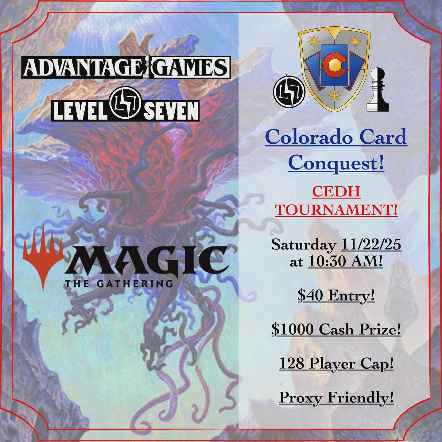 This year the Colorado Card Conquest will once again be hosting a CEDH cash event for Charity!

Our first event starting after doors open at 10 a.m, the CEDH tournament will surely be an exciting competition, filling the center of the room, as well a