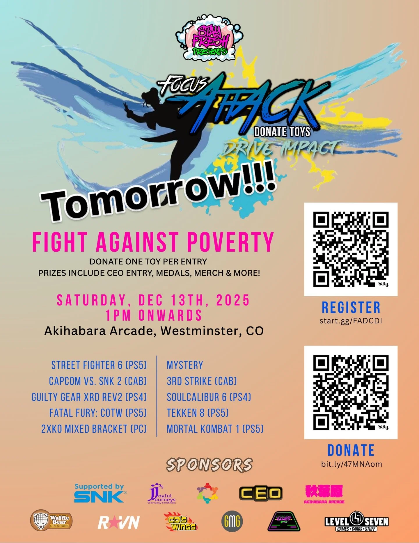 Tomorrow!!! Our friends at Stay Fresh and @akihabaraarcade are hosting a tournament for charity&hellip;And Prizes!!! 

We&rsquo;re happy to be a sponsor for the event! 

🥊 

https://www.start.gg/tournament/fadc-drive-impact-presented-by-stay-fresh/d