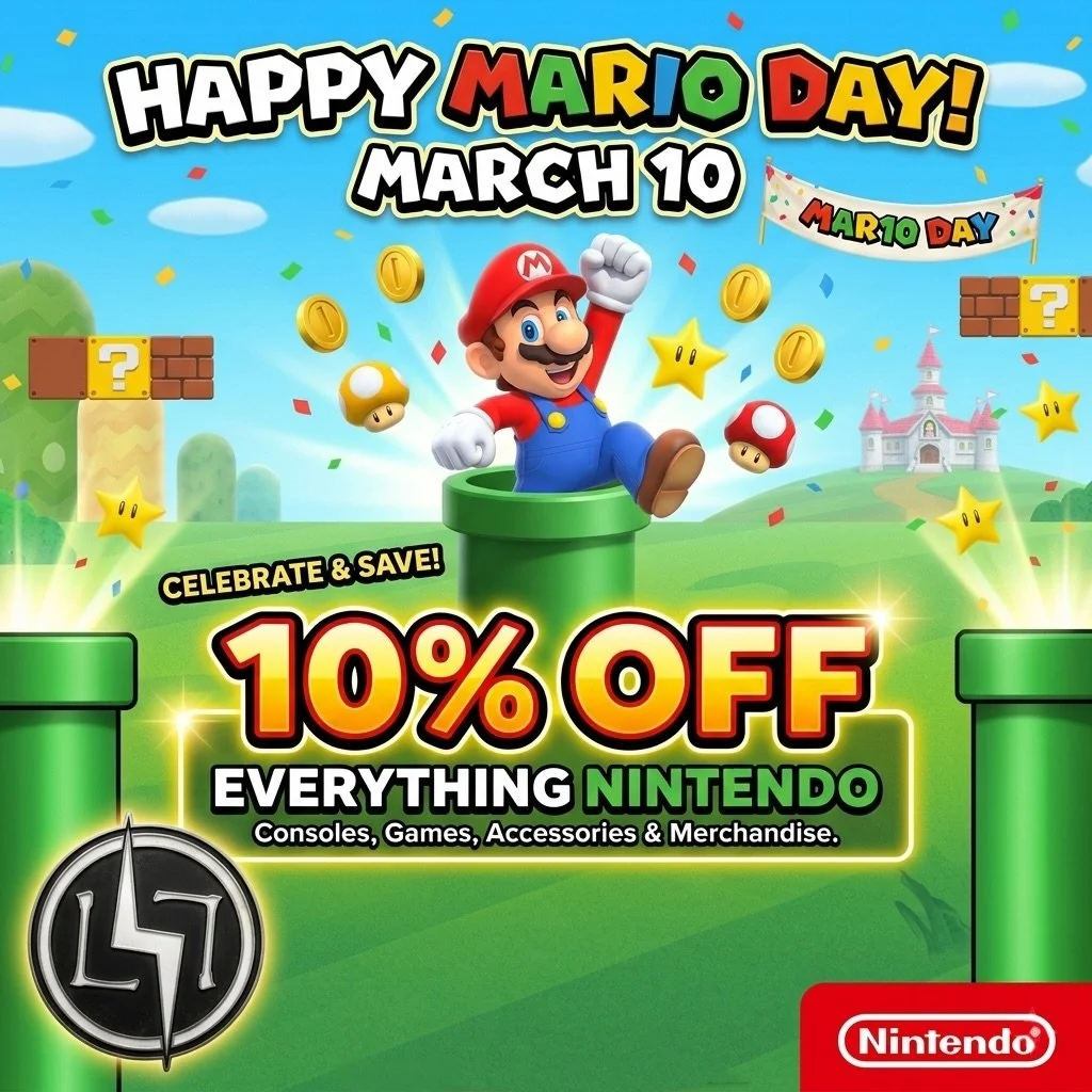 🧑&zwj;🔧 It&rsquo;s Mario Day!!!! 🔧 

10% off anything Nintendo!! merch, games, consoles, drinks and more! 

Visit any Level 7 on March 10th and mention this ad for a discount. 

🦖