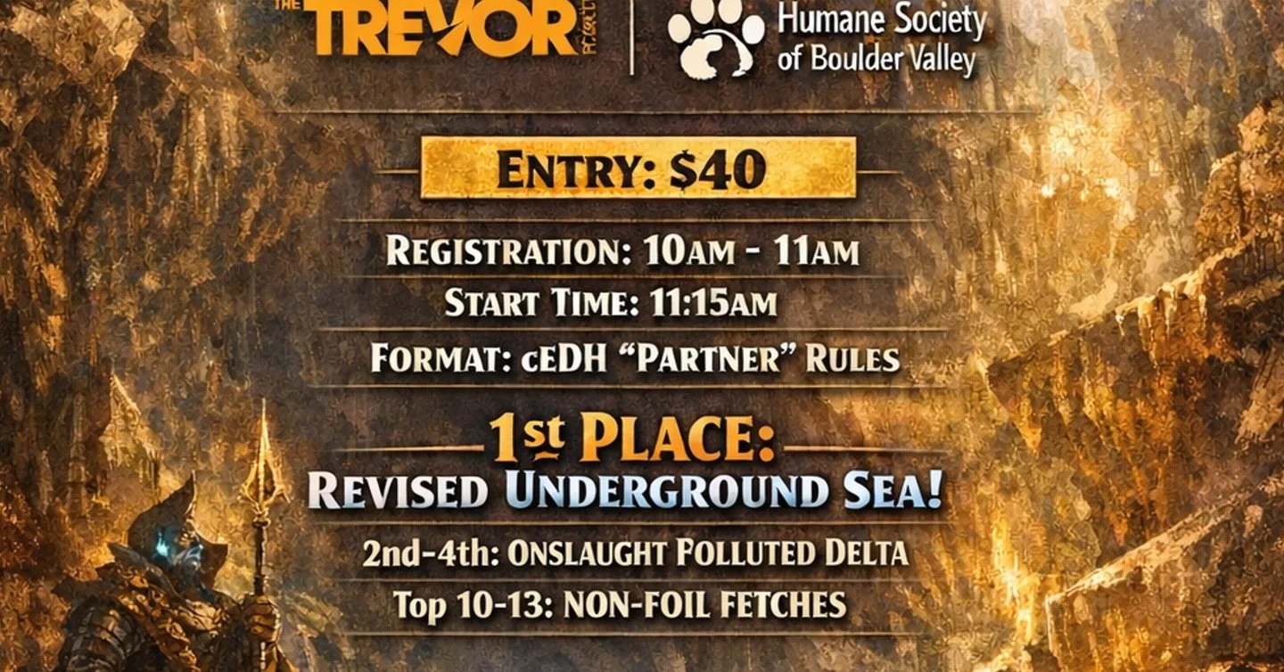 The @mtg_basics crew is putting on a cEDH charity tournament on April 18th , 2026 at Level 7 Games (Level 7 Games, 8410 Umatilla St, Federal Heights, CO 80260).

100% of the entry money (minus judge cost) will be donated evenly to the following chari