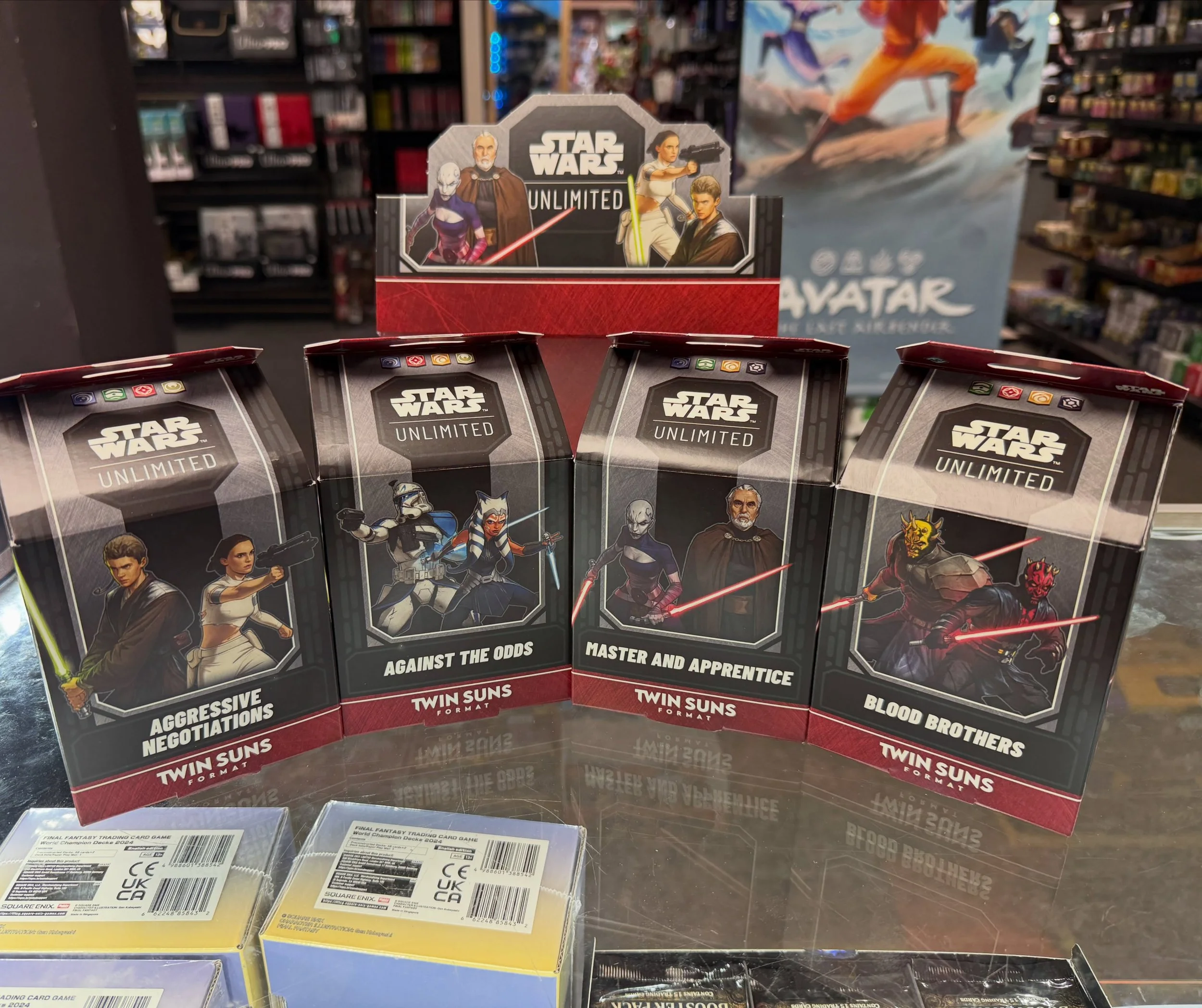 New preconstructed Star Wars Unlimited Twin Suns decks out today! Come try them out at our Twin Suns nights on Mondays in Federal Heights and Wednesdays in Englewood!