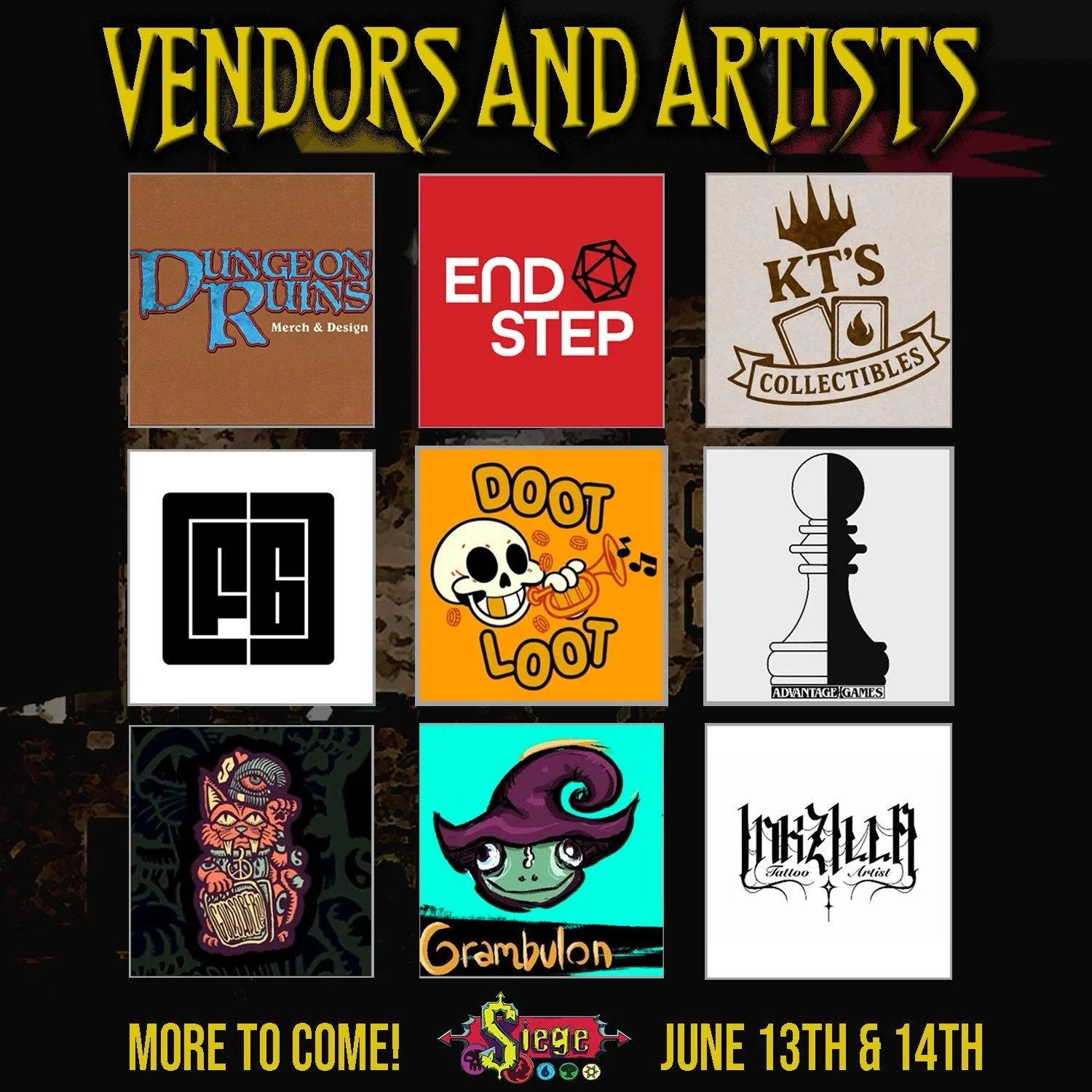 Our first batch of Vendor announcements for SIEGE is stacked! 

@dootlootig 
@dungeon.ruins 
@goldsabertooth
@advantagegamescolorado 
@1nkzilla 
@f6supply
@the.endstep 
@kts.collectibles
@grambulon

Stop by the Double Tree in Thornton on June 13-14 t