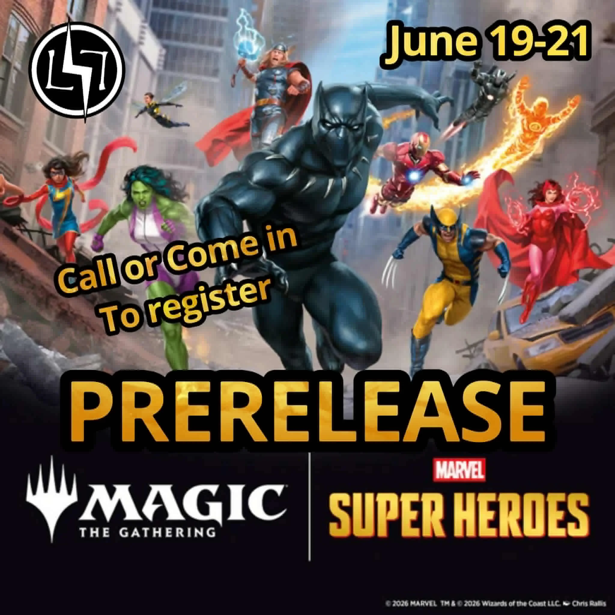 Marvel X Magic is Happening!!! 

Call or stop in to reserve your spot for prerelease!

$35

📍 84th Location
☎️ 720-328-5438
📅 6/19 6:30PM
📅 6/20 6:30PM

📍 Lakewood Location
☎️ 720-476-7106
📅 6/19 6:30PM
📅 6/20 2PM
📅 6/21 12PM

📍 Englewood Loc