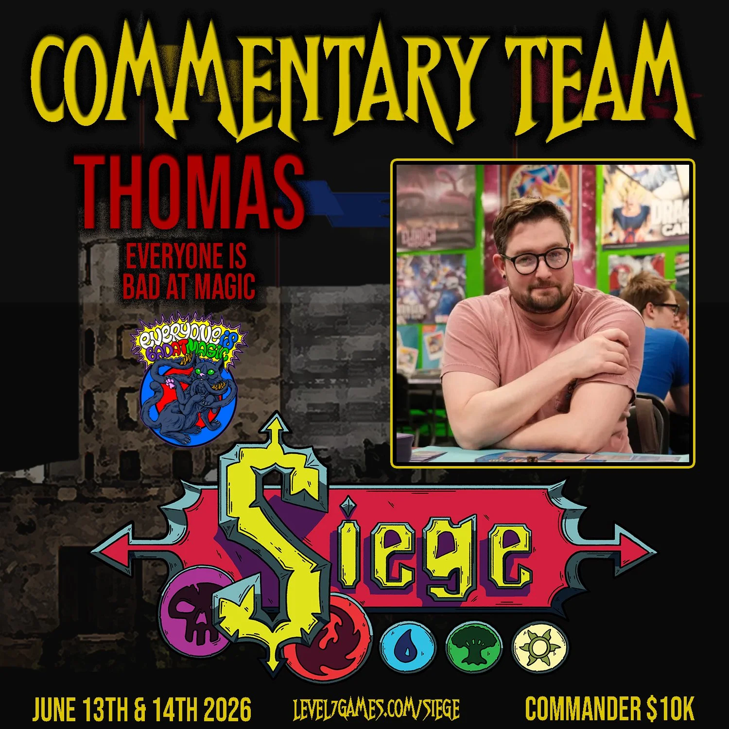 Poster for a live-action role-playing event called 'Siege' on June 13th and 14th, 2026. Features a man with glasses sitting at a table, with a background of artistic comic-style graphics, logos, and colorful icons representing game elements.