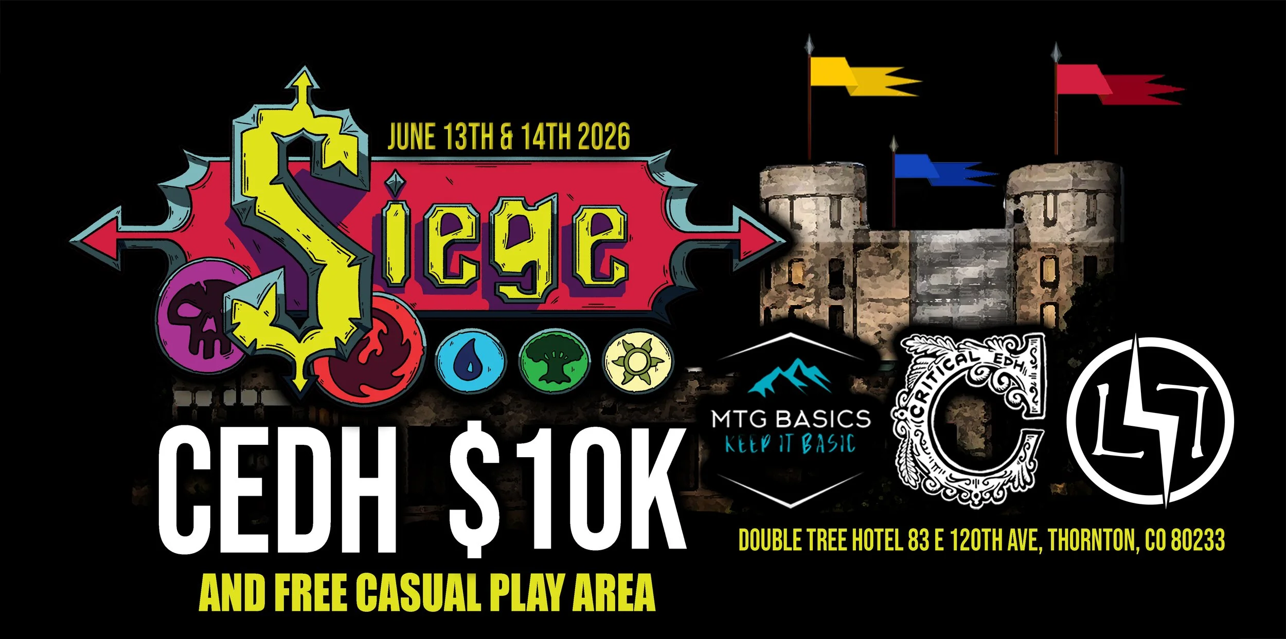 Promotional poster for a Magic: The Gathering event, featuring colorful graphics including a castle, skull, trees, water drop, and a play area, with event details such as date, location, and event name.
