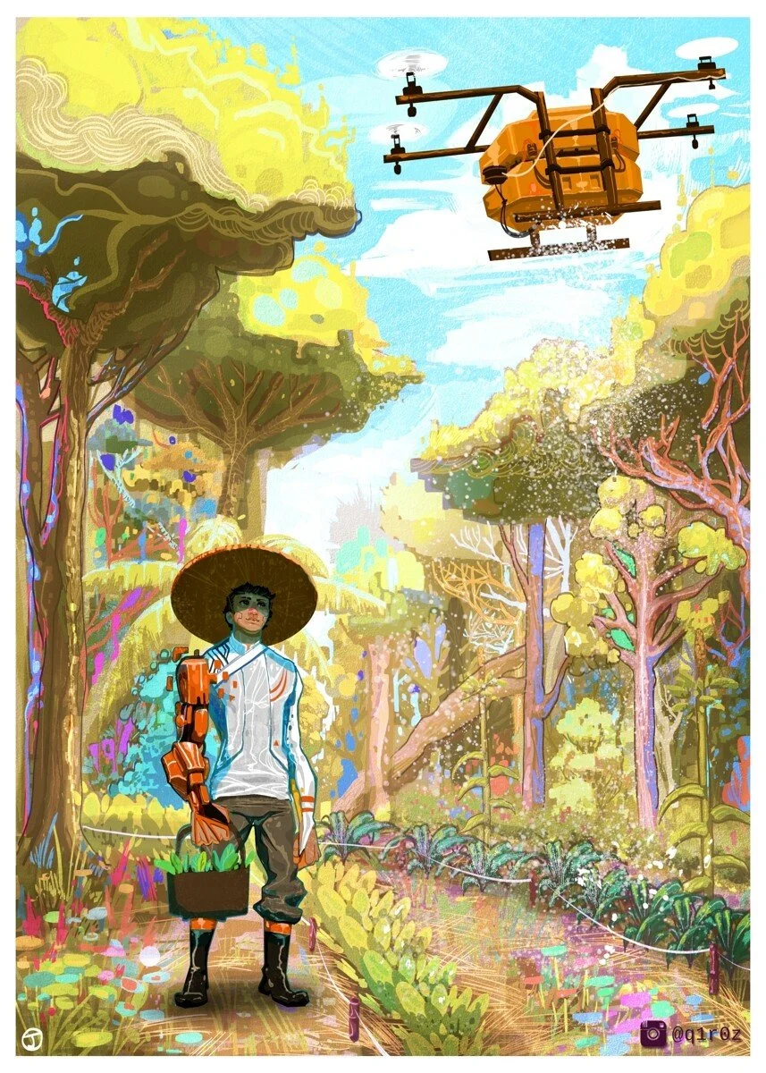 Jose Queiroz’s work “Agroforestry” is often given as a demonstration of very good solarpunk art. It is both stunningly beautiful and evocative of a future in which humanity lives with and tends nature and integrates technology into that lifestyle fairly seamlessly without it degrading the natural world. It centres a person of colour that we might in our time describe as disabled, but it’s clear they are perfectly capable and content. It takes Amazofuturism and weds it to solarpunk in a bright and wonderful way.