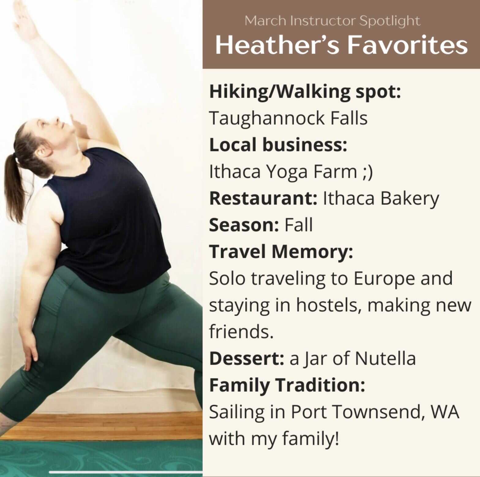 📣 Learn a little more about Heather, our March Teacher Spotlight! 🌟

🌿Join her every Monday and Tuesday at the Studio for class! 🌿

Monday : Gentle Hatha
https://get.mndbdy.ly/OdJjDUVx4Hb

Tuesday : Chakra Yoga
https://get.mndbdy.ly/68ZDhZWx4Hb