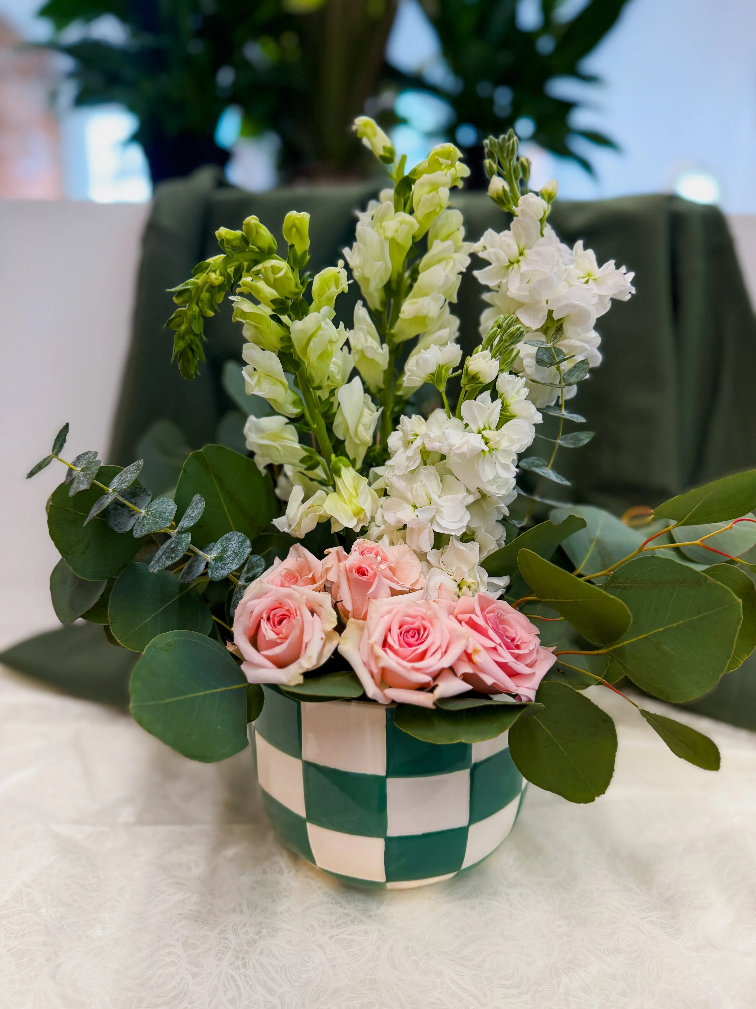 Green Checkered Pot Vase Weekly Floral & Wine Arrangement in Piqua, Ohio florist in Miami County, Ohio