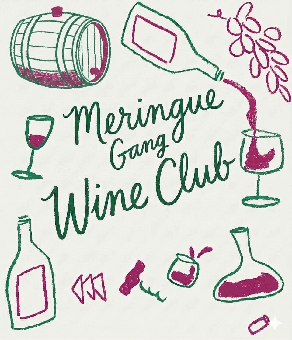 Hand-drawn illustration of wine bottles, glasses, a barrel, a corkscrew, and a flower, surrounding the text "Meritage Gang Wine Club" in green and purple colors.