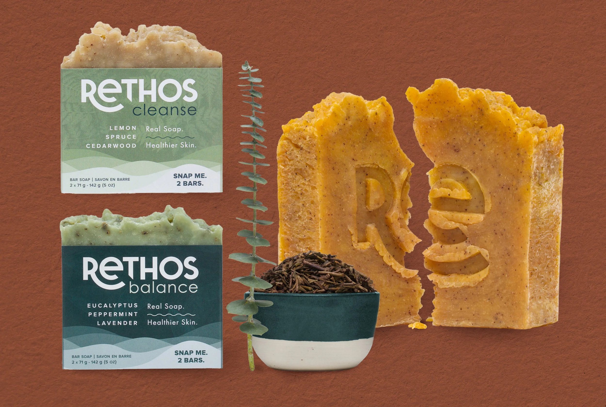 Soap packaging samples with their associated ingredients by Rethos
