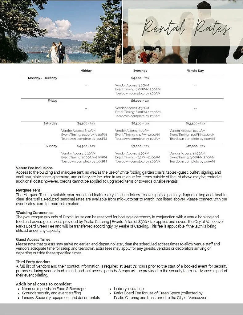 Wedding venue rental rates chart with photos of a wedding by the water and a toast scene.