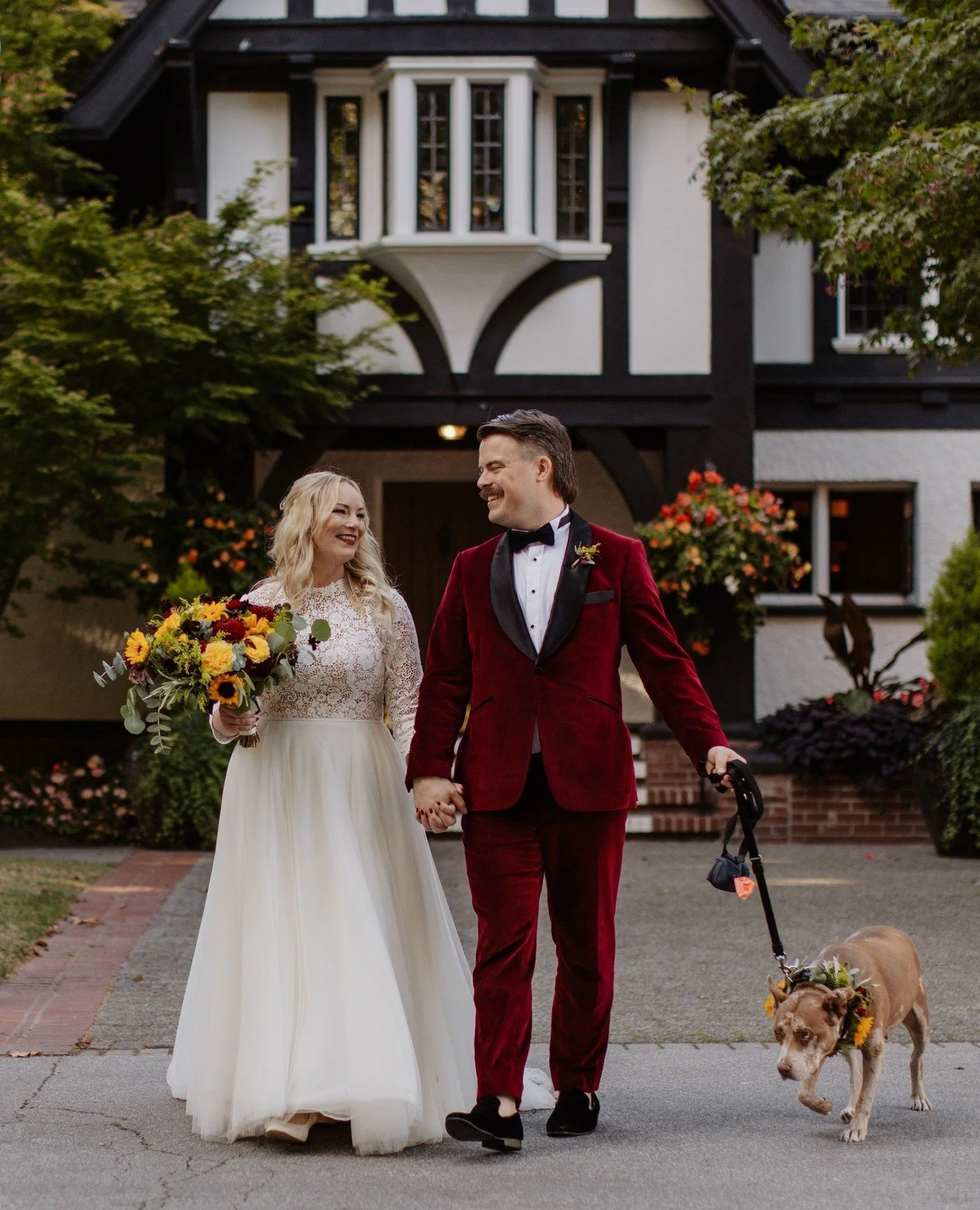Autumn wedding era: unlocked ✨️⁠
⁠
A few of the reasons we're obsessed with hosting at this time of year:⁠
⁠
&bull; Rich colour palettes: cue C's incredible burgundy @indochino suit!⁠
&bull; Golden foliage: painting our garden in gorgeous warm hues.⁠