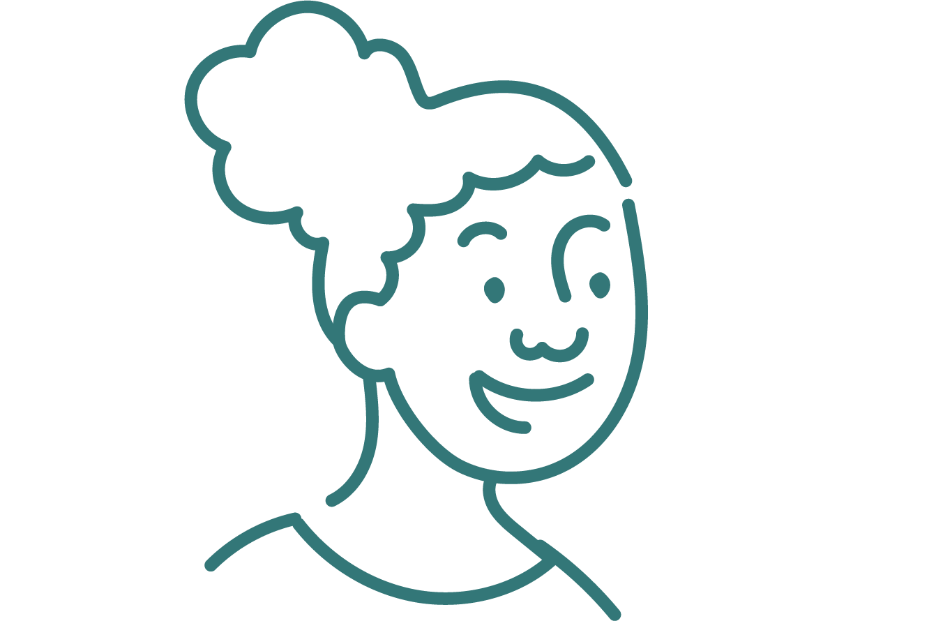 Simple line illustration of Elizabeth Deliscar. She is smiling and is framed by a textured half circle.