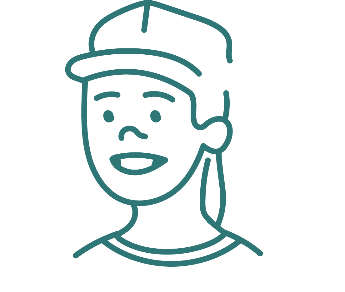 Simple line illustration of Callum Heathcote. He is smiling, wearing a ballcap, and is framed by a textured half circle.