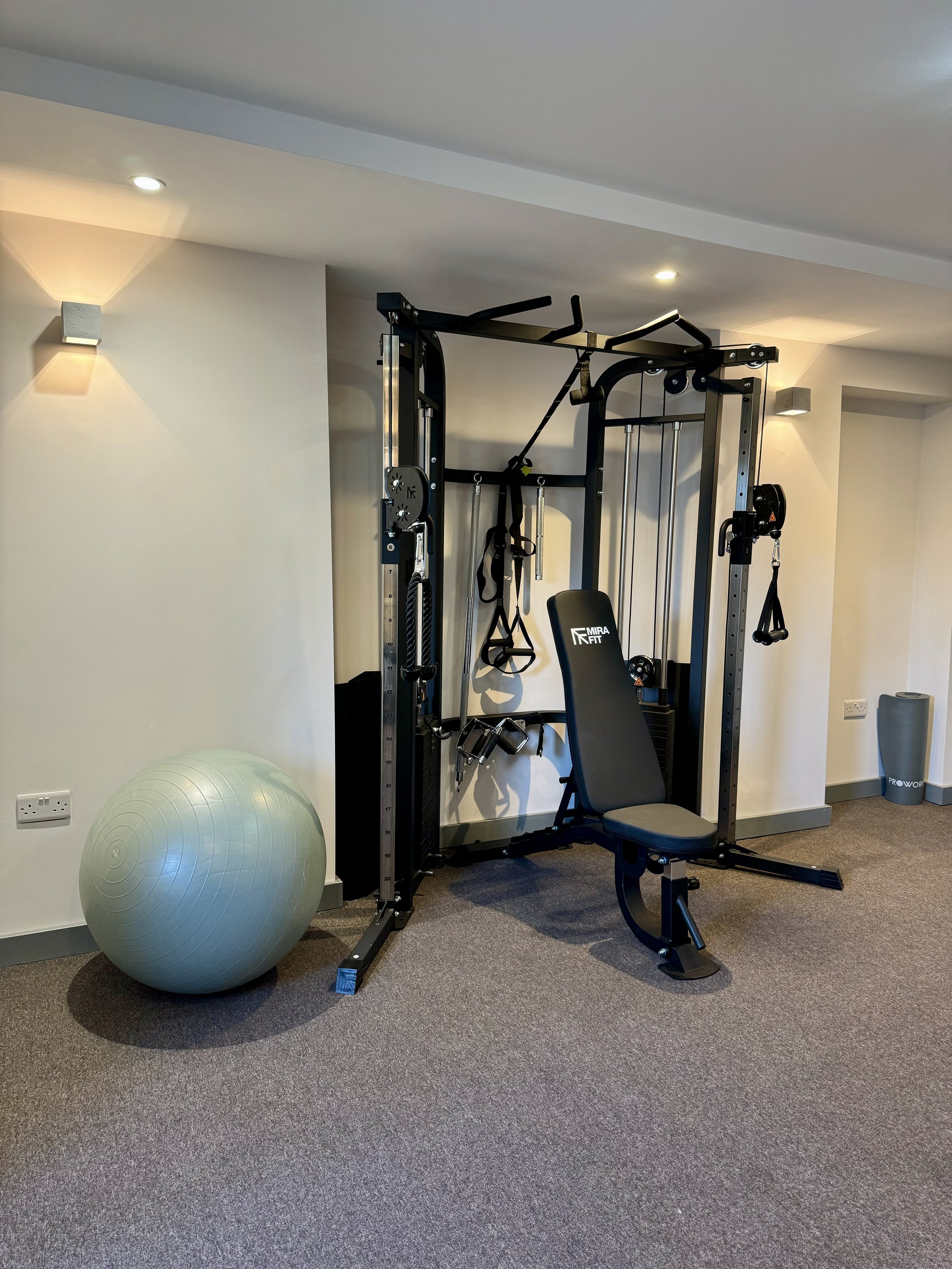 A home gym with a black multi-functional workout station, a gray exercise ball, and a small gray foam roller on the carpeted floor.