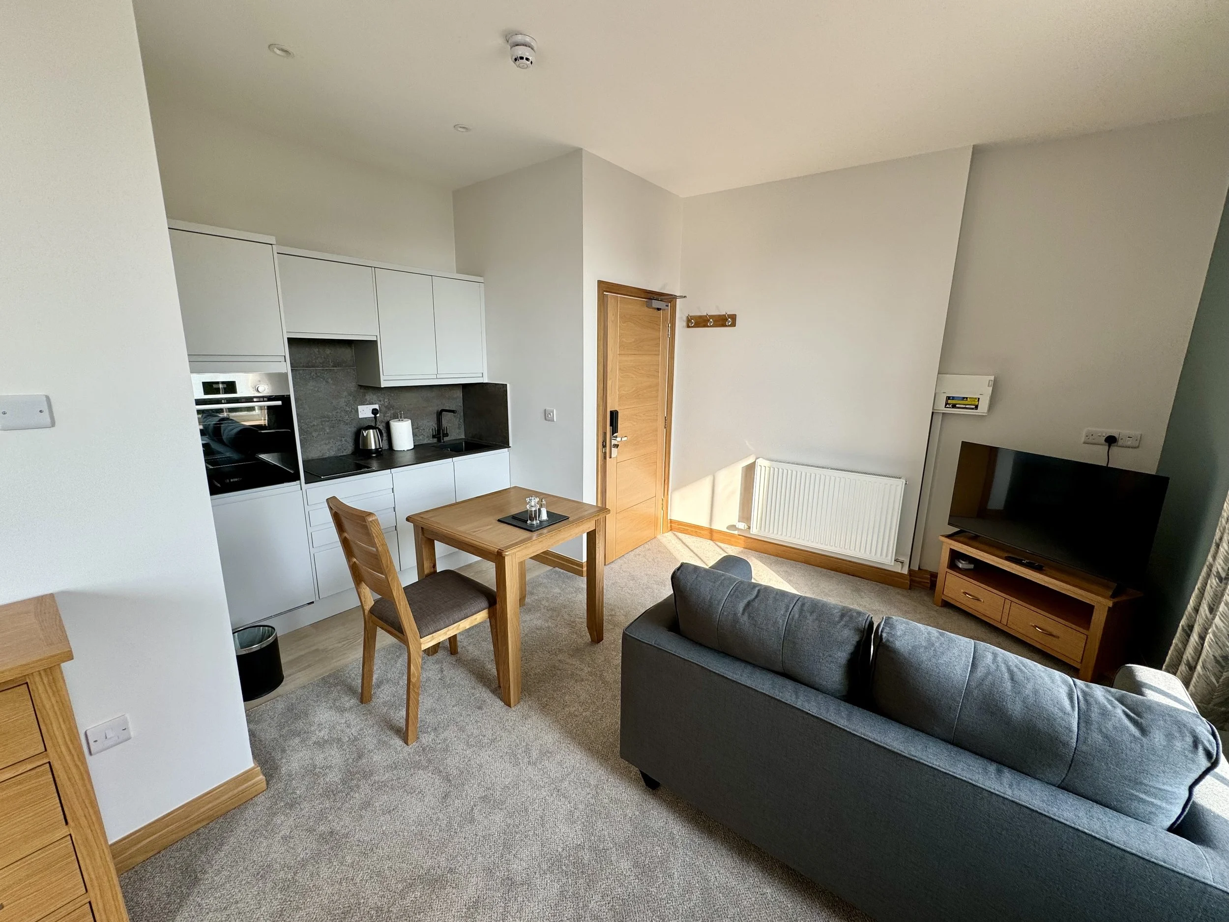 A small open-concept living space with a kitchen area, a gray couch, a small wooden dining table with a chair, a television on a wooden stand, and a door with a wooden finish.