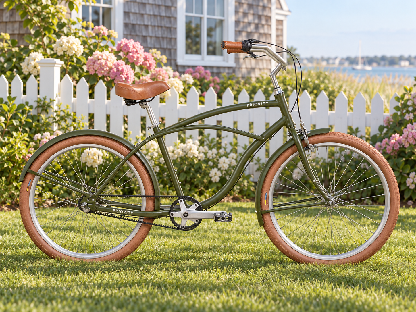Priority Coast cruiser on a coastal lawn — illustrative scene.