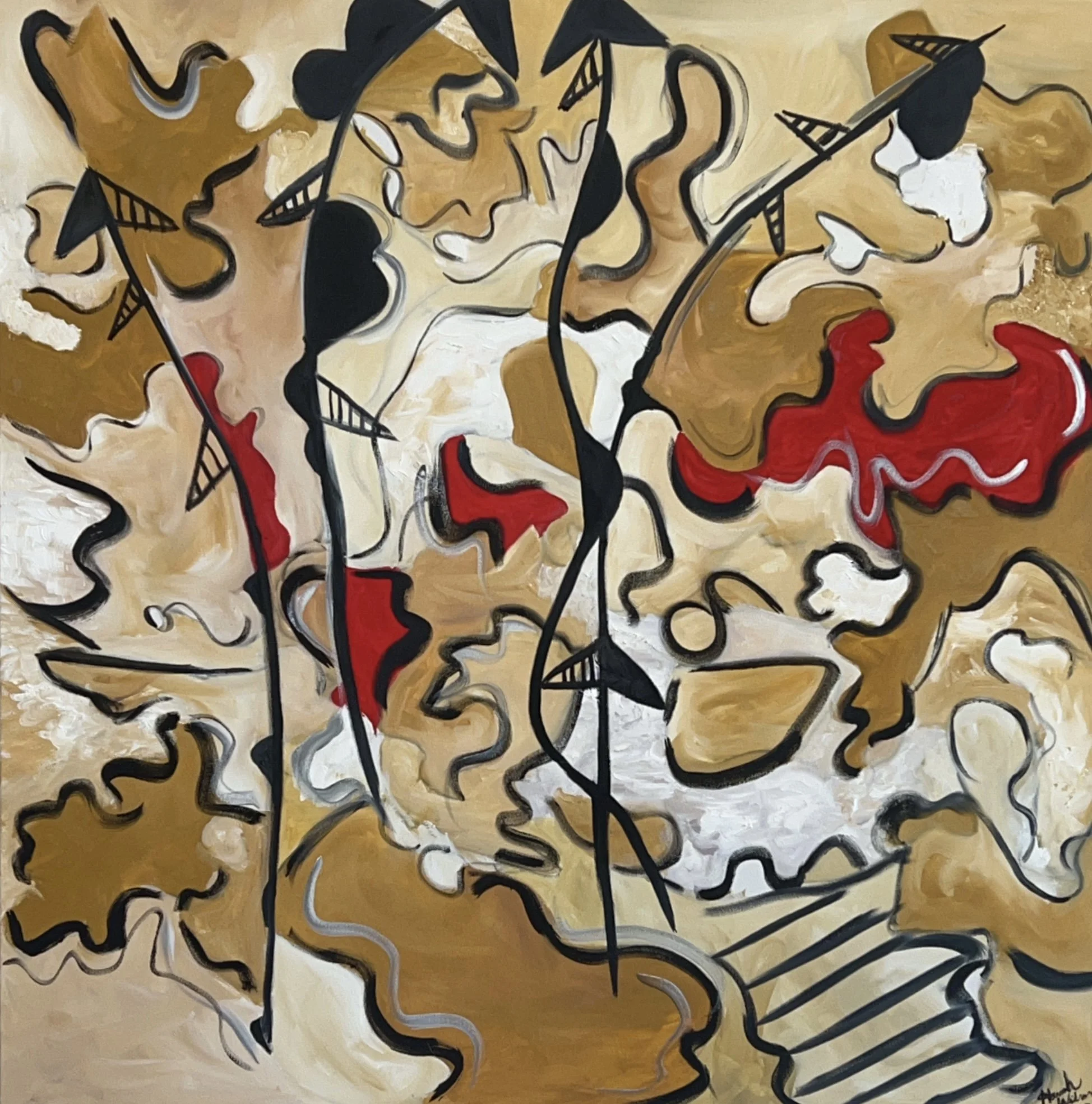 Abstract painting with brown, beige, white, red, and black colors, featuring irregular shapes and lines.