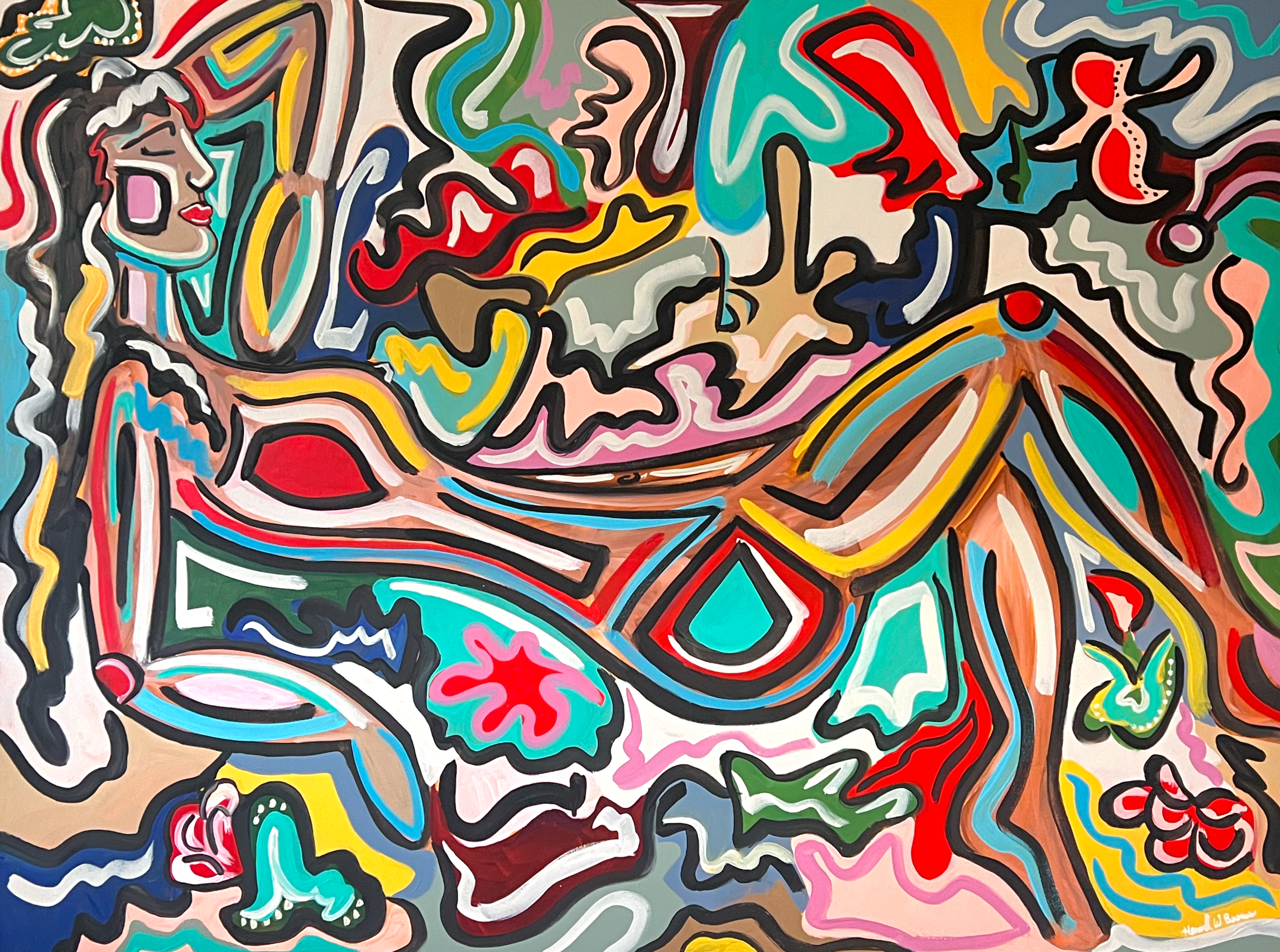 Abstract colorful painting featuring female figures, flowing lines, and decorative elements.