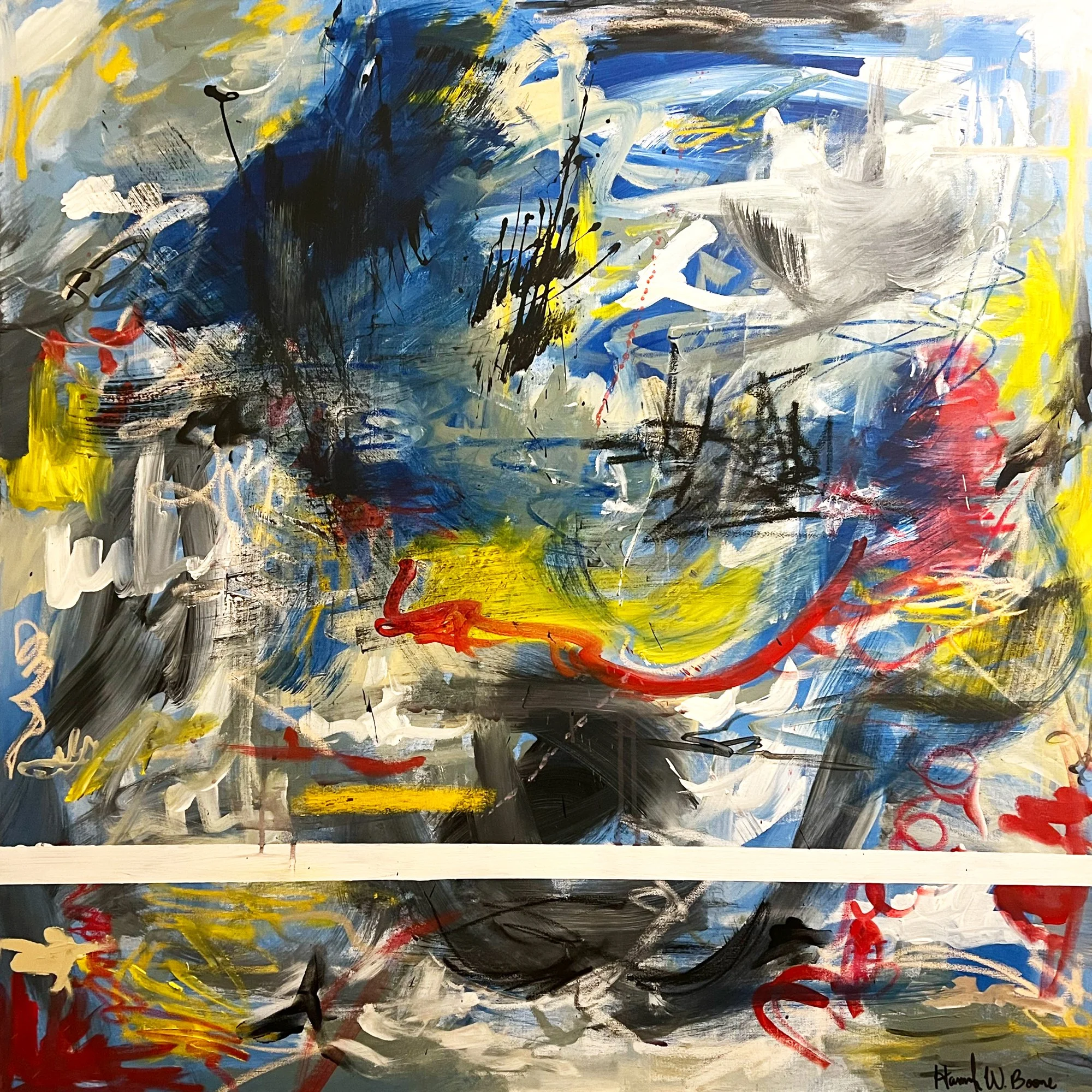 An abstract painting with bold, chaotic brushstrokes in blue, black, white, yellow, gray, red, and hints of other colors. The artwork features energetic splashes, lines, and shapes, conveying a sense of movement and emotion.