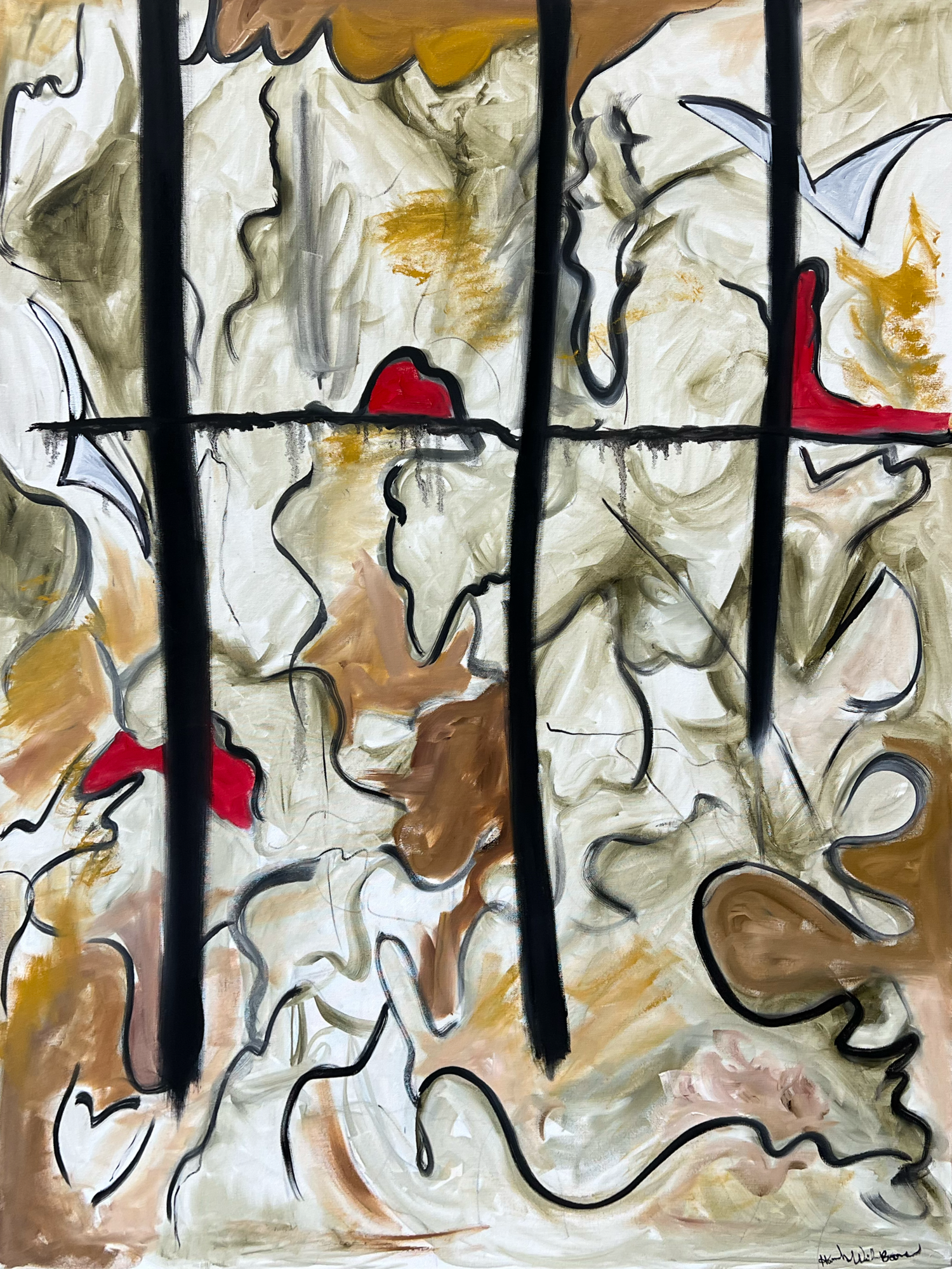 An abstract painting featuring curved black outlines and splashes of white, beige, brown, red, and gold colors, with black vertical lines across the composition.