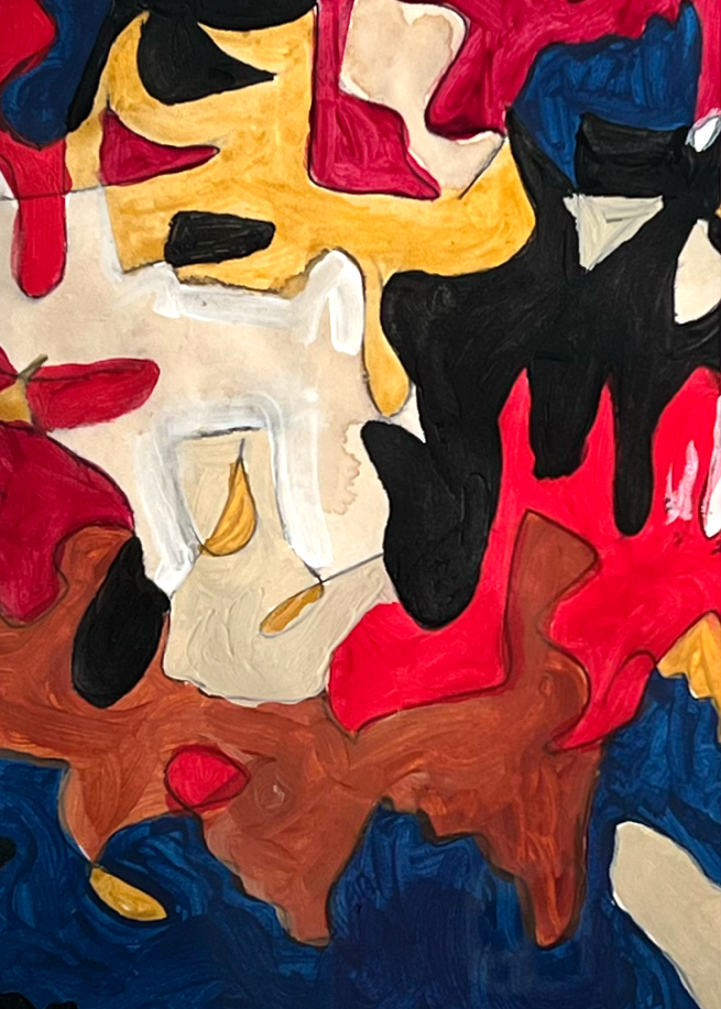 Abstract painting with bold, colorful shapes in red, yellow, black, white, blue, and brown.