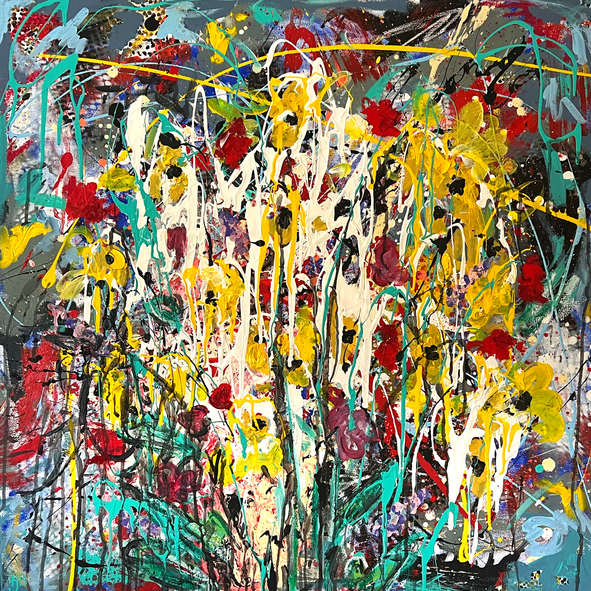 Abstract expressionist painting with colorful splatters and drips of yellow, red, white, black, teal, purple, and blue paint on a dark background.