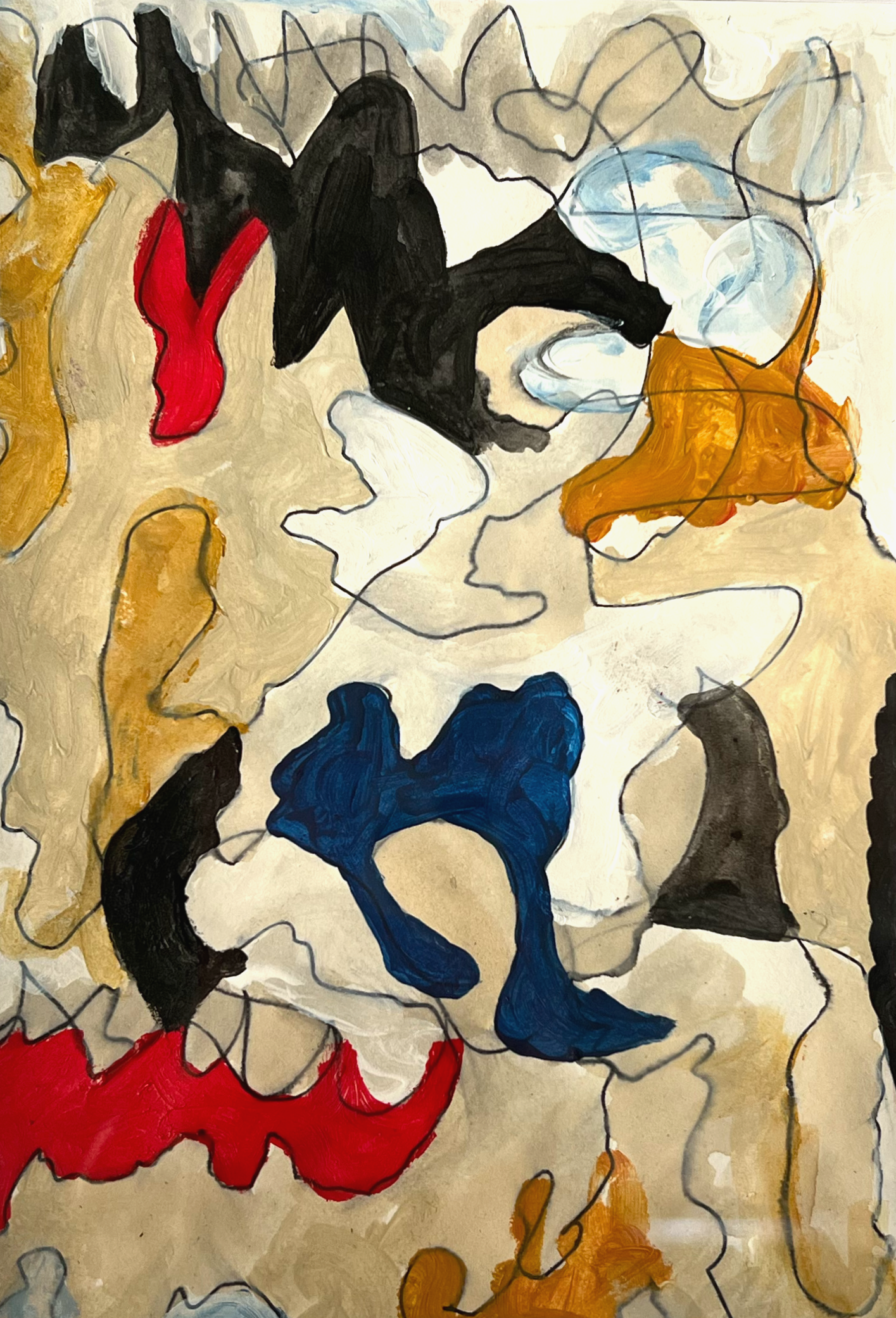 Abstract painting with black, red, blue, orange, white, and beige colors, featuring swirling and jagged shapes.