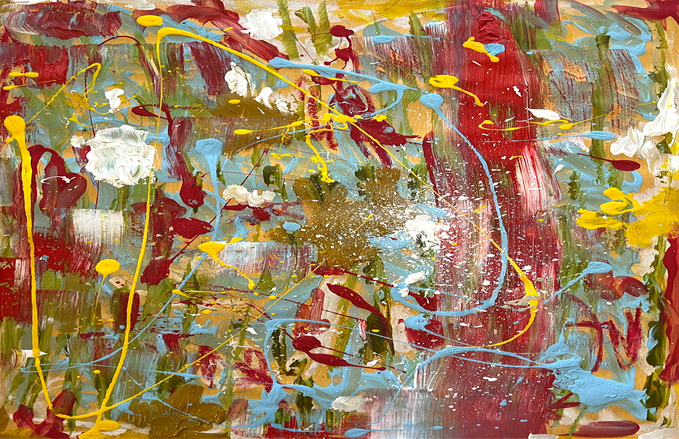 An abstract expressionist painting with bold brush strokes and splatters of red, white, blue, yellow, and green paint on a canvas.