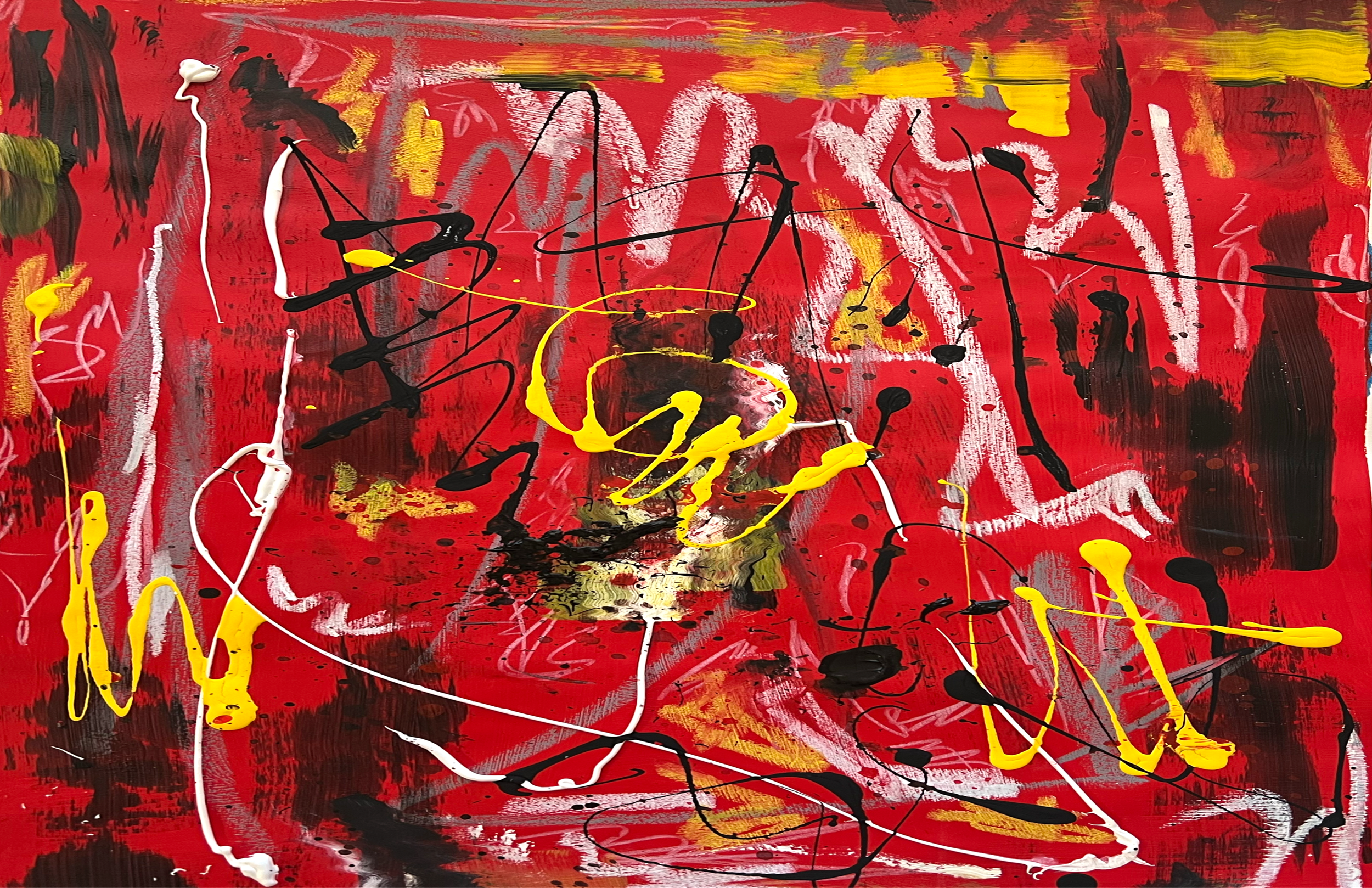 Abstract painting with a red background, splashes of black, white, and yellow paint, and various random lines and dots.
