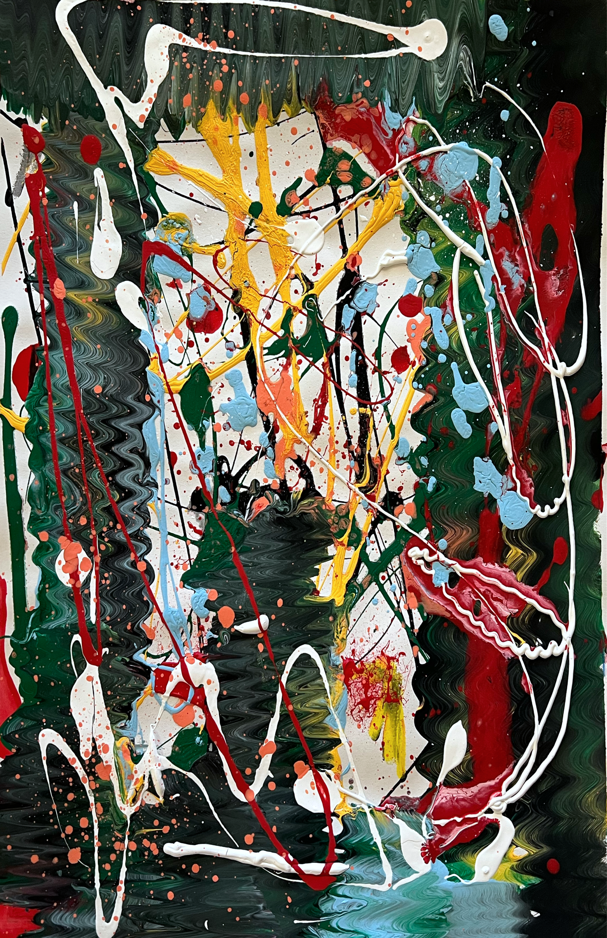 Abstract painting with splashes and streaks of red, white, yellow, black, blue, and green paint on a dark background.