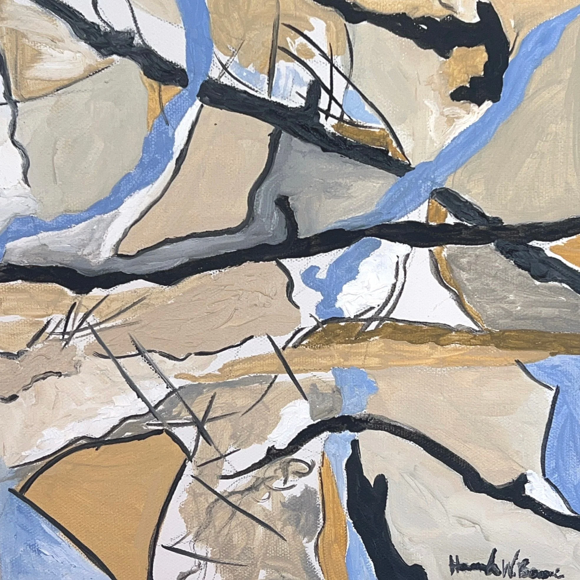Abstract painting with beige, black, white, blue, and gold shapes and lines.