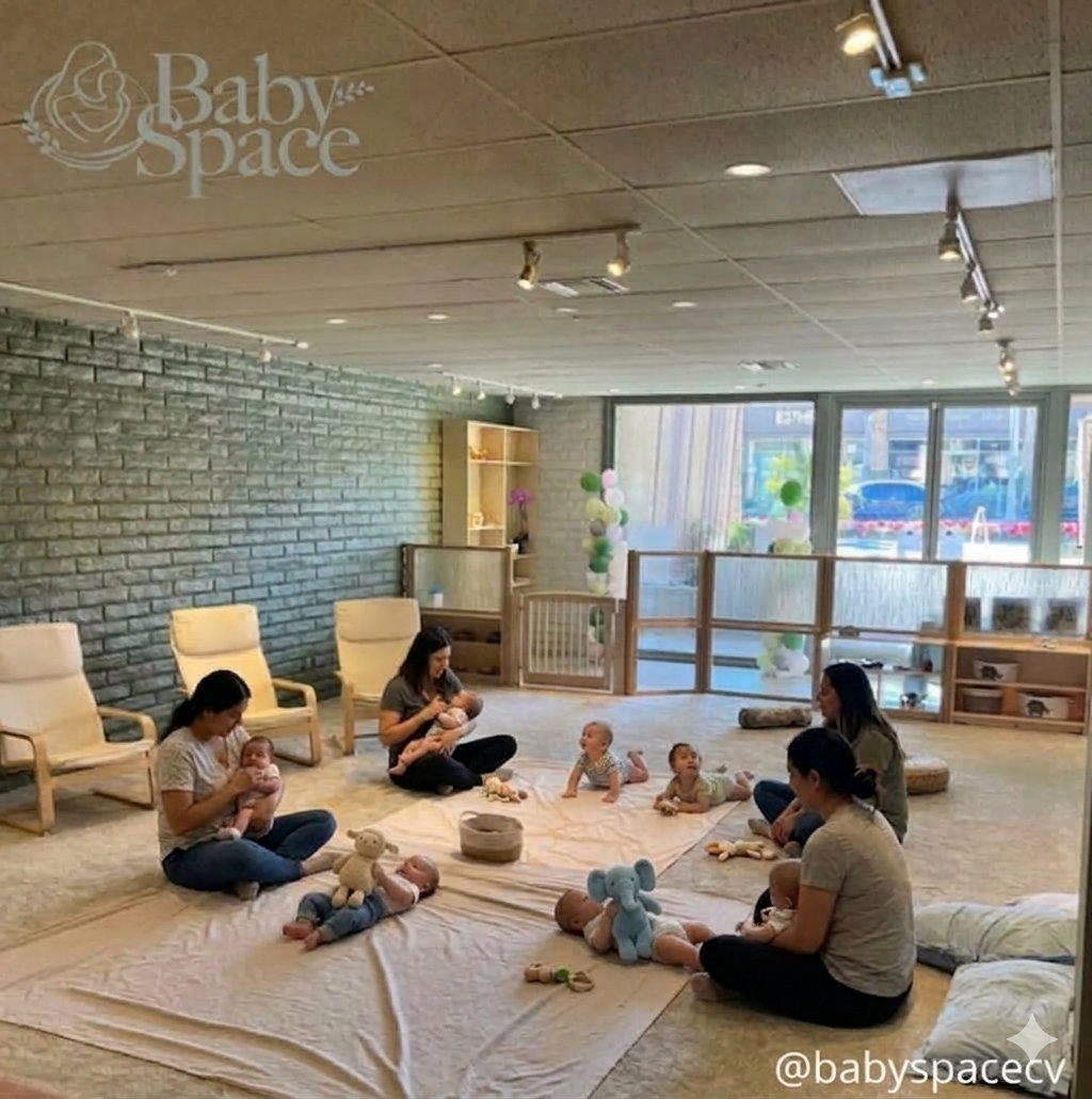 group of moms and babies in the playroom at babyspace coachella valley