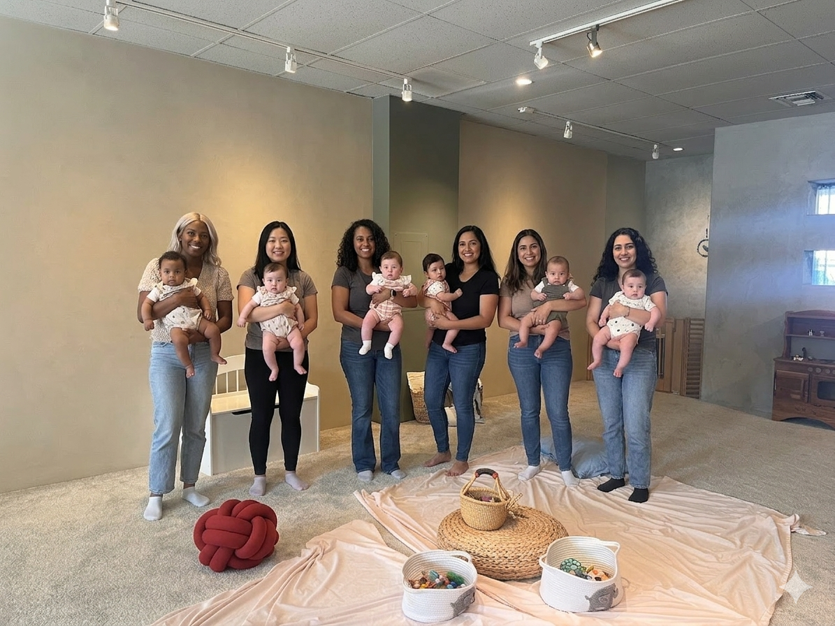 group of moms and babies in the playroom at babyspace coachella valley