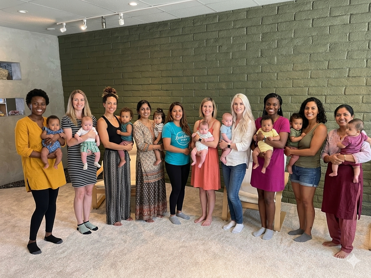 group of moms and babies in the playroom at babyspace coachella valley