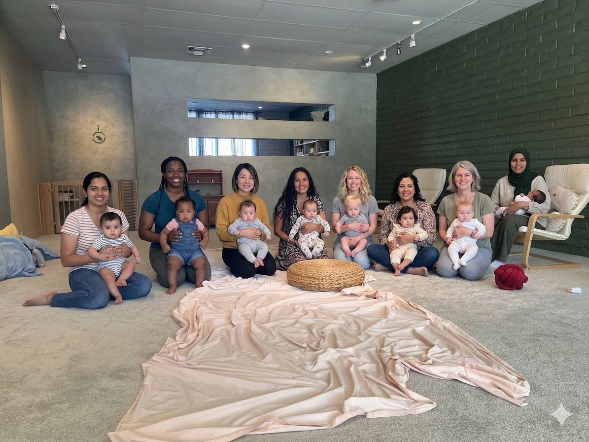 group of moms and babies in the playroom at babyspace coachella valley