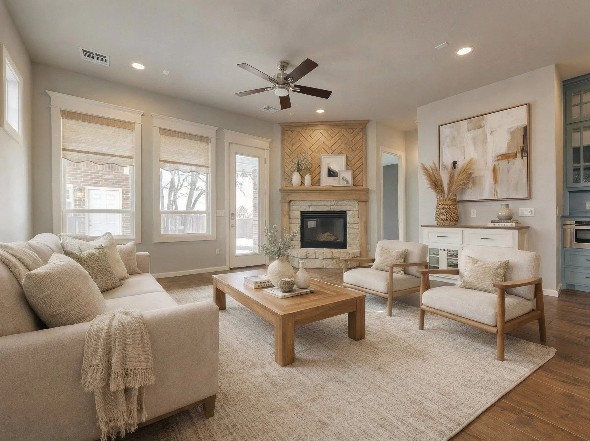 Living room with beige sofa, armchairs, wooden coffee table, fireplace, large windows with beige blinds, abstract artwork, and neutral decor.