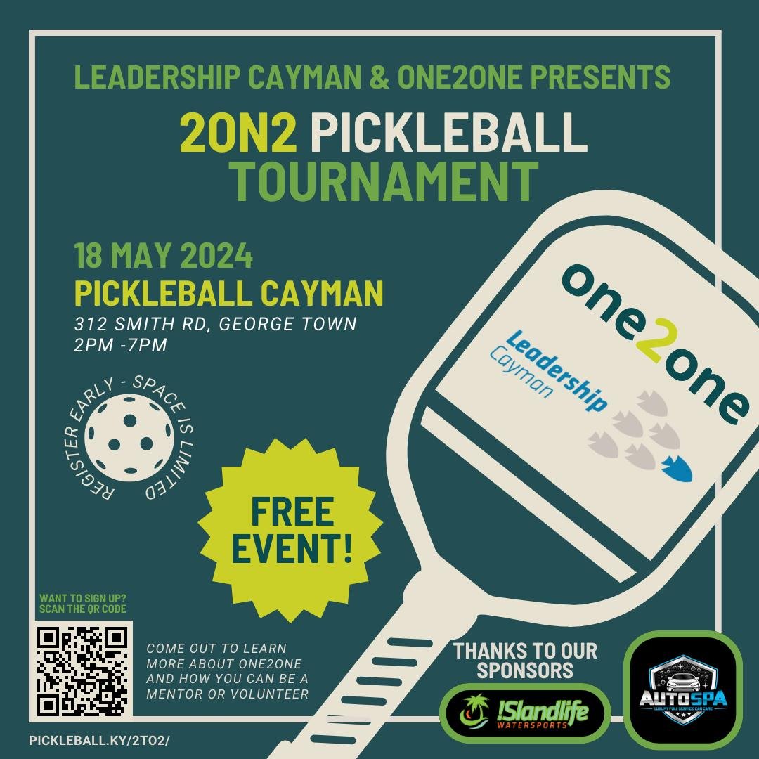 🏓 Sign up for the 2on2 Pickleball Tournament! 🌟

Get ready for a fun-filled day at the 2on2 Pickleball Tournament, hosted by Leadership Cayman class of 2024! This event supports one2one's mission to empower and mentor the youth of our community. Jo