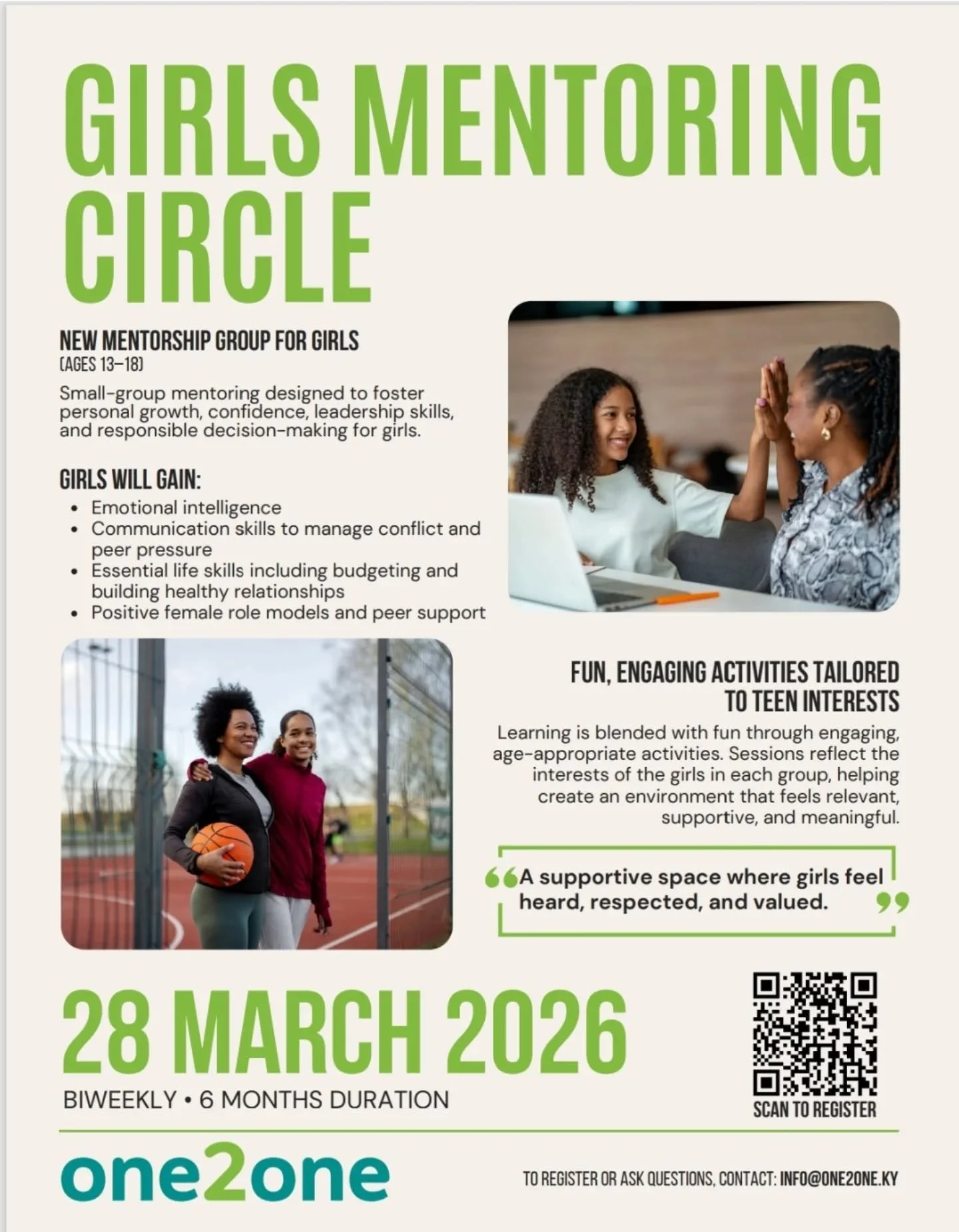 One2One is launching it's first cohort of the Girls Mentoring Circle this March and we couldn't be more excited!

The Girls Mentoring Circle includes fun and engaging activities like arts and crafts, sports and creative projects along with employabil