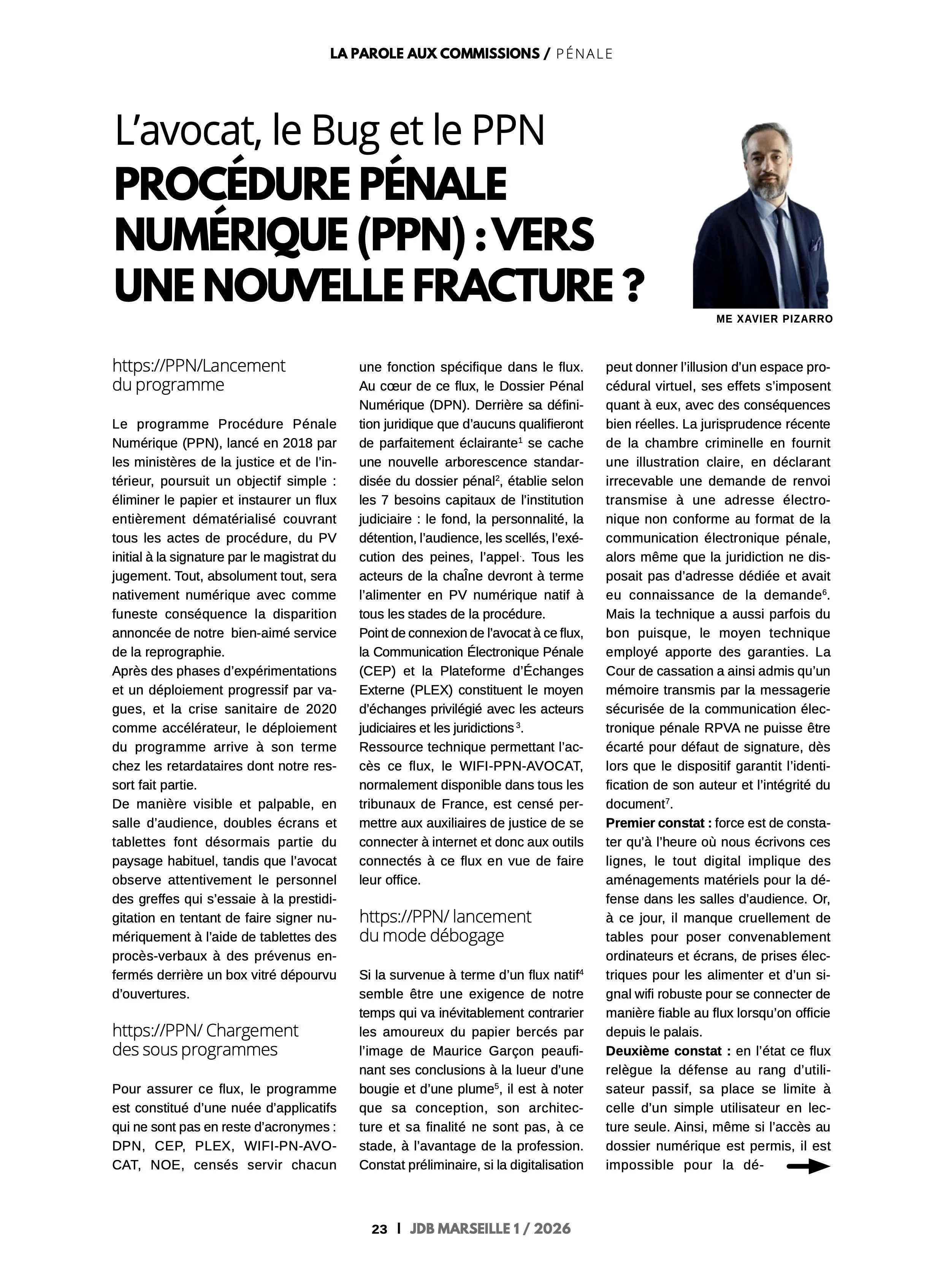 Page d’article du Journal du Barreau de Marseille présentant une analyse juridique intitulée « L’avocat, le Bug et le PPN – Procédure pénale numérique (PPN