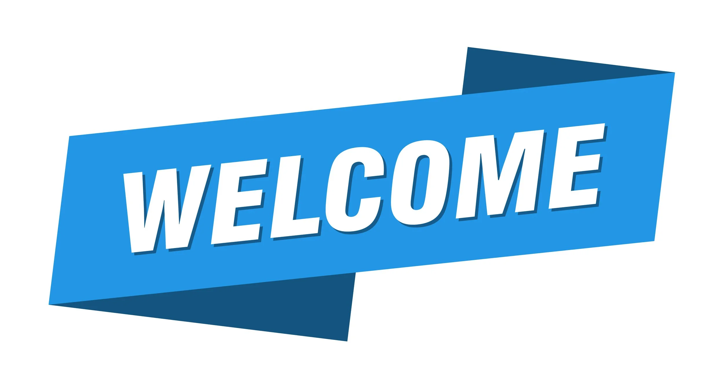 "Welcome" text on a blue background