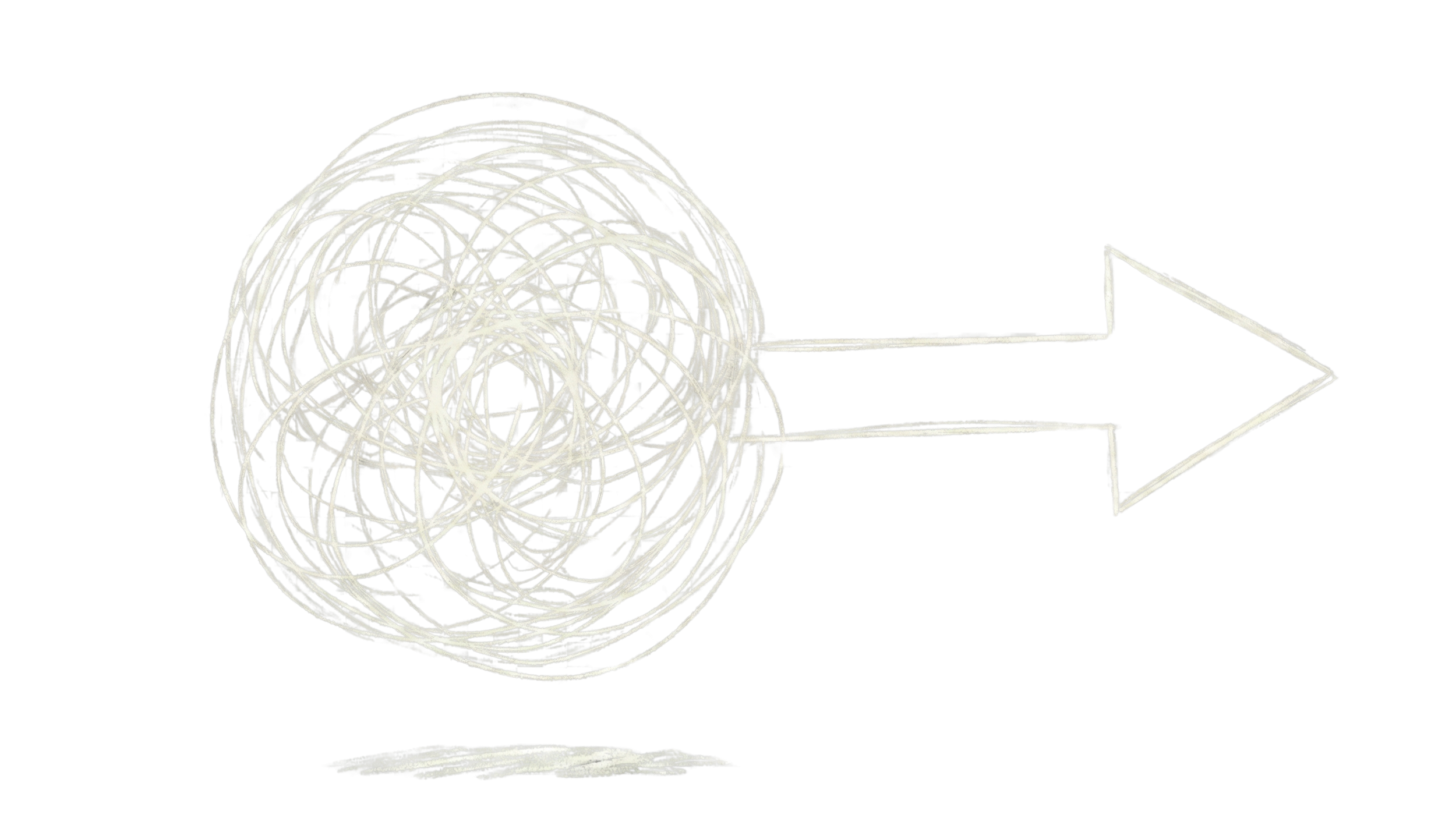 A computer-generated image featuring a chaotic white wire sphere connected to a flat, horizontally stretching yellow arrow pointing to the right. The background is black, with glitch-like digital distortions.